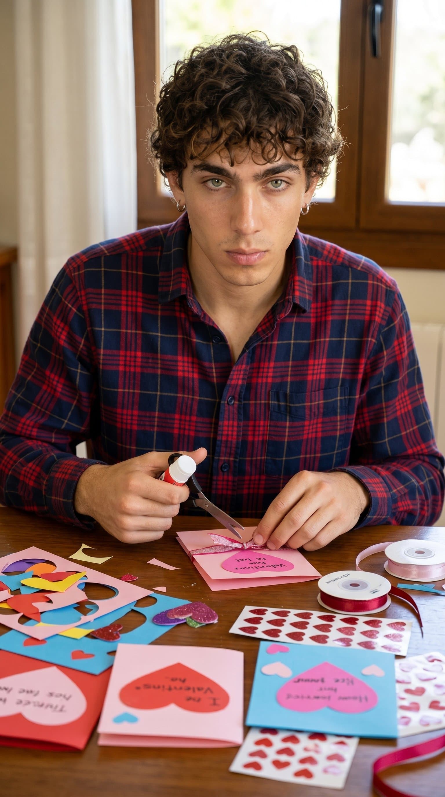 A man wearing a casual button-up shirt, creating handmade Valentine's cards with craft supplies, ribbons, and heart stickers spread across a wooden table