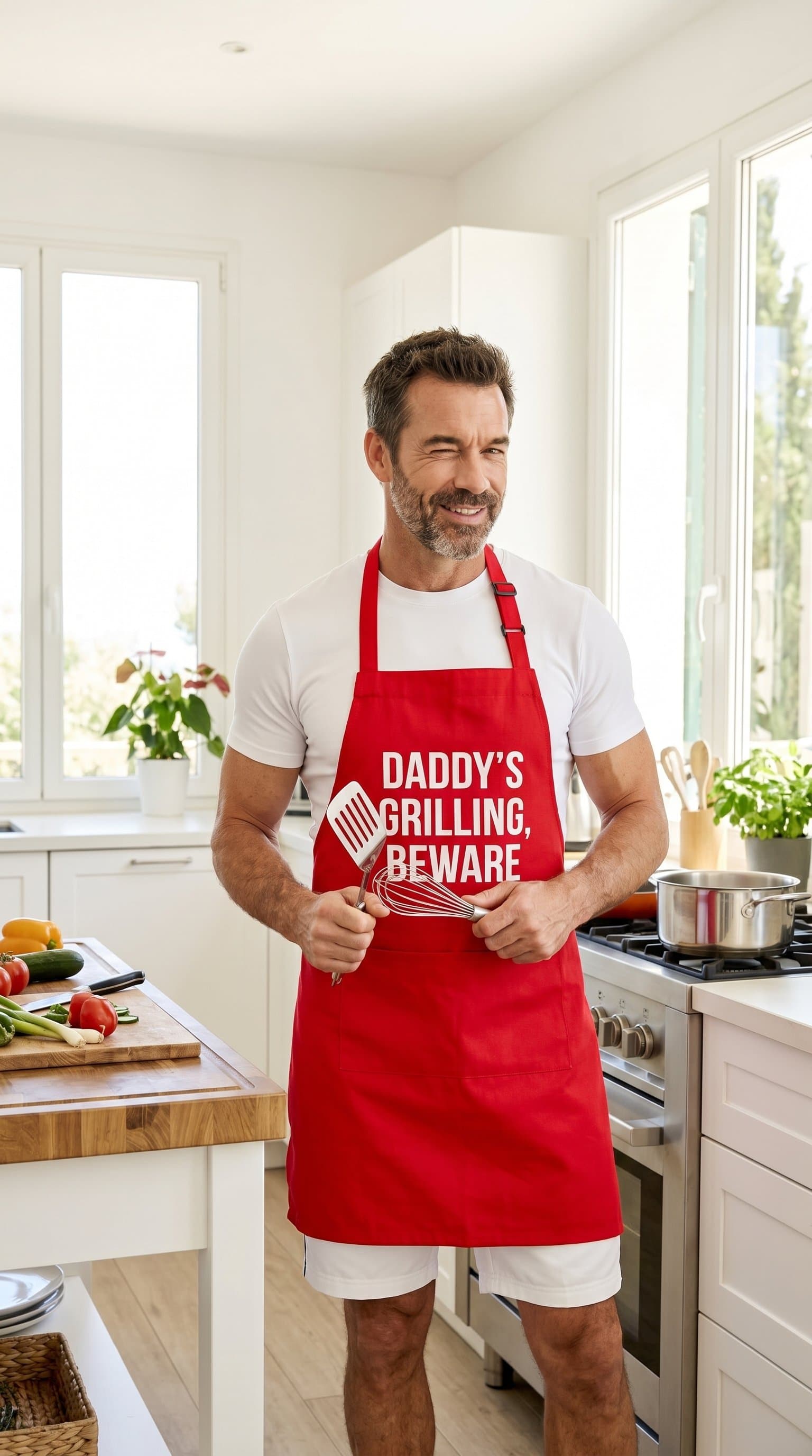 man playfully posing in a kitchen setting, wearing a cheeky apron outfit with bright, natural lighting