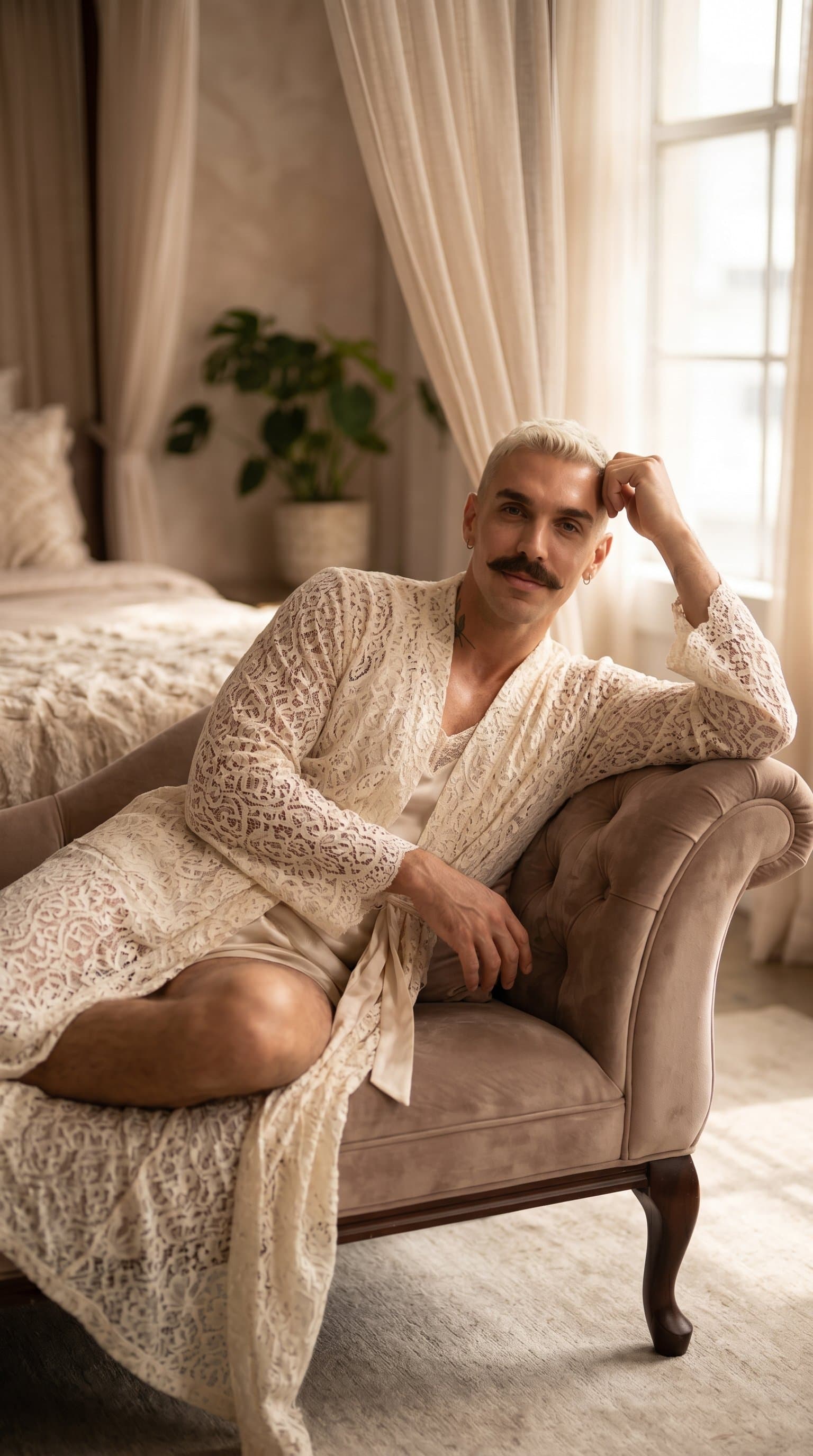 man reclining on a luxury chaise lounge in a lace robe with soft, romantic lighting