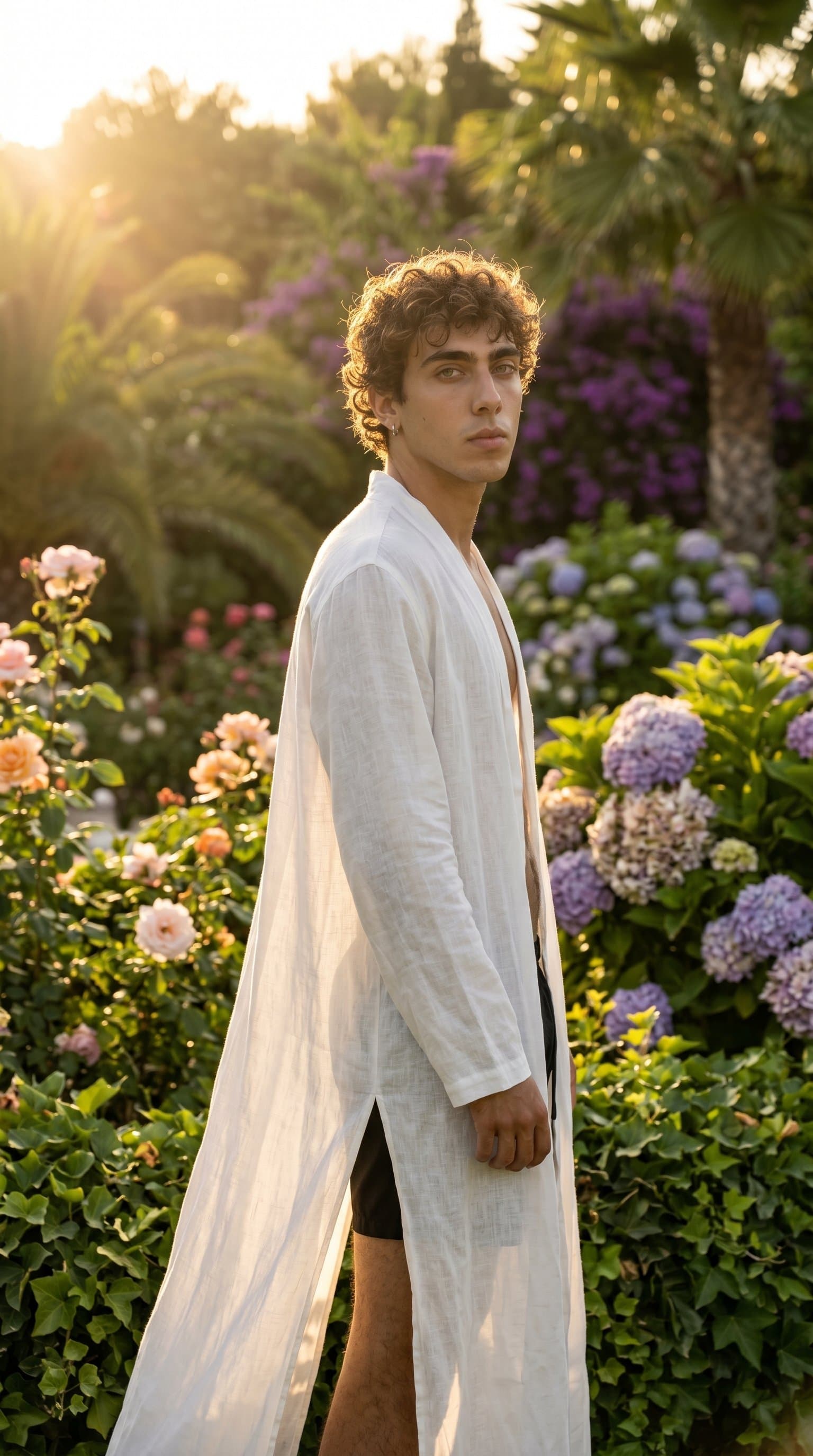 man standing in a lush garden, wearing a sheer, flowing garment with soft sunset lighting