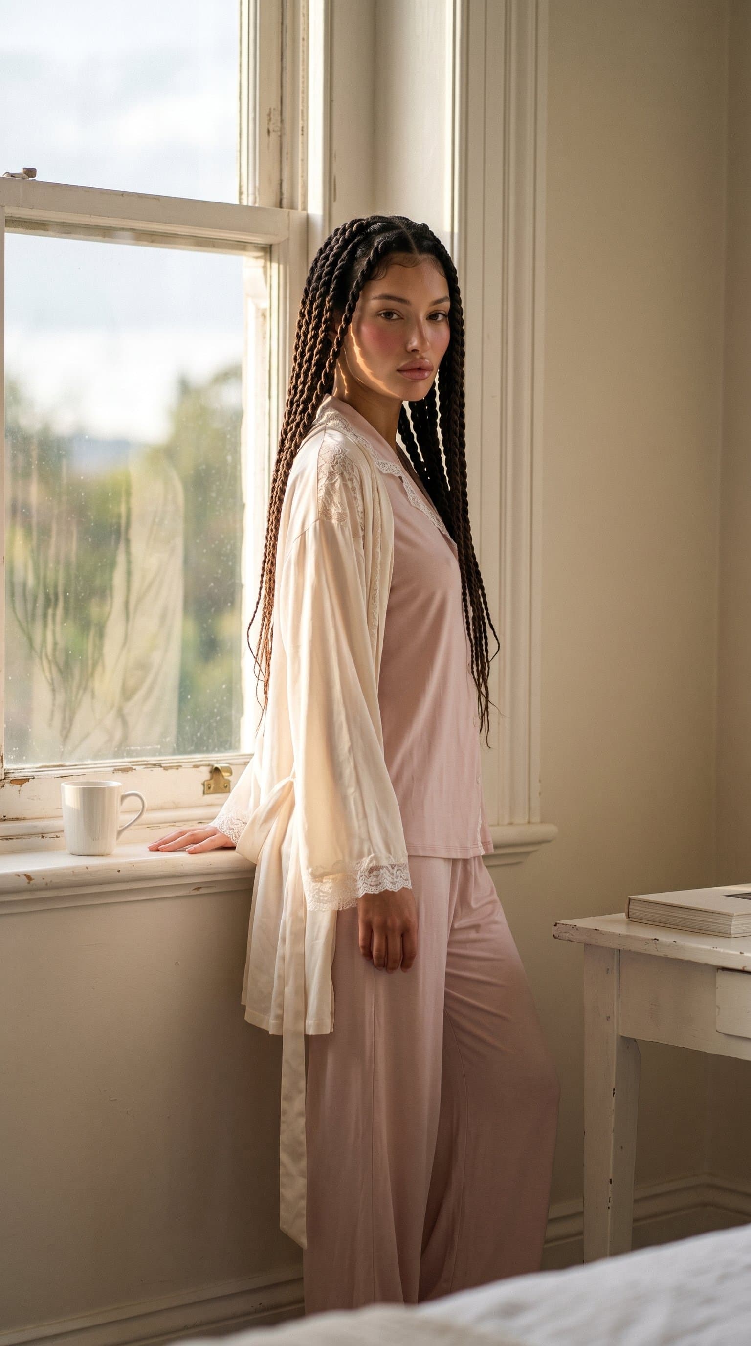 woman in semi-transparent sleepwear, posing in front of a window with morning light streaming in
