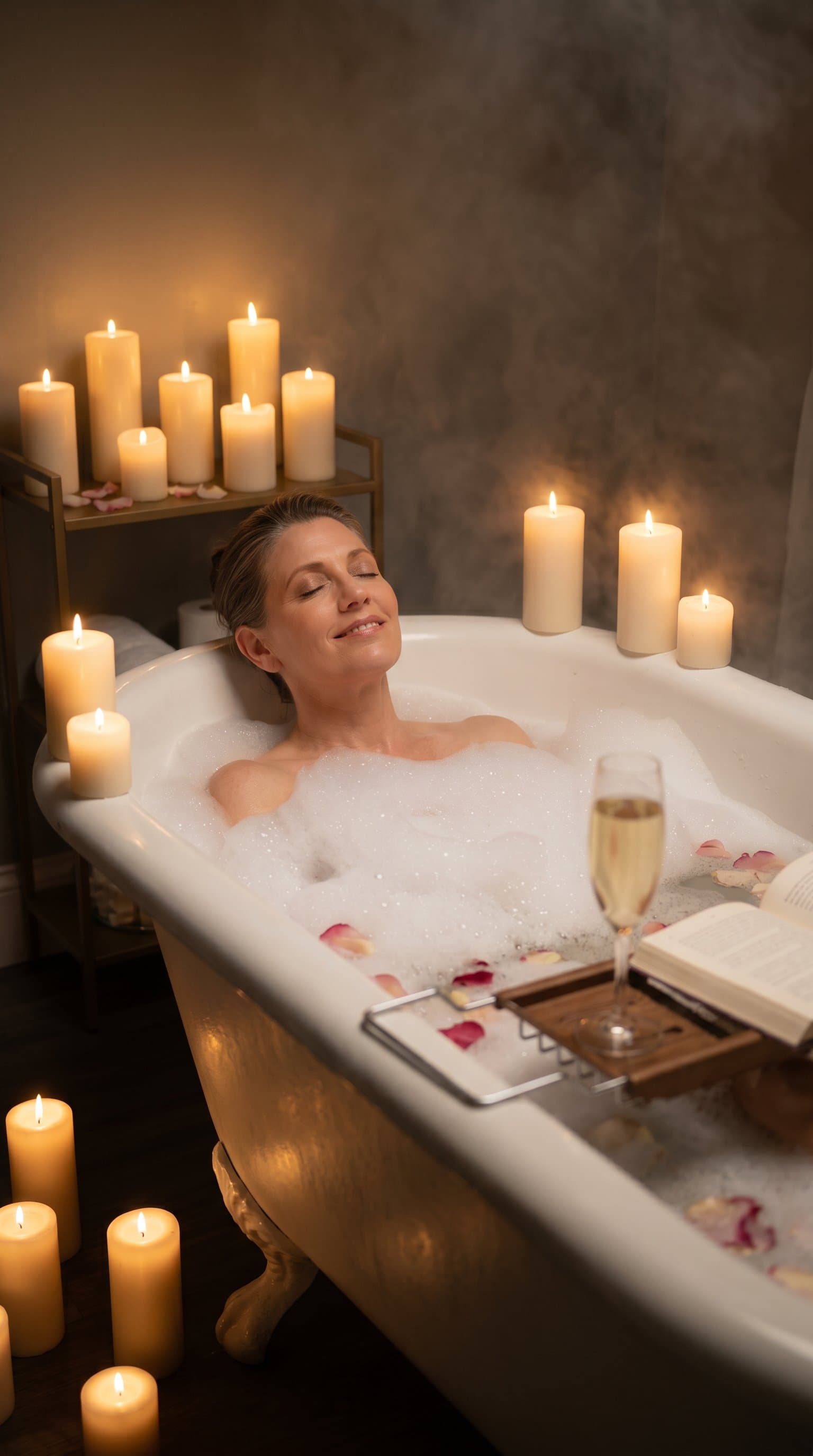 A woman in a bubble bath, surrounded by candles with warm, soft lighting