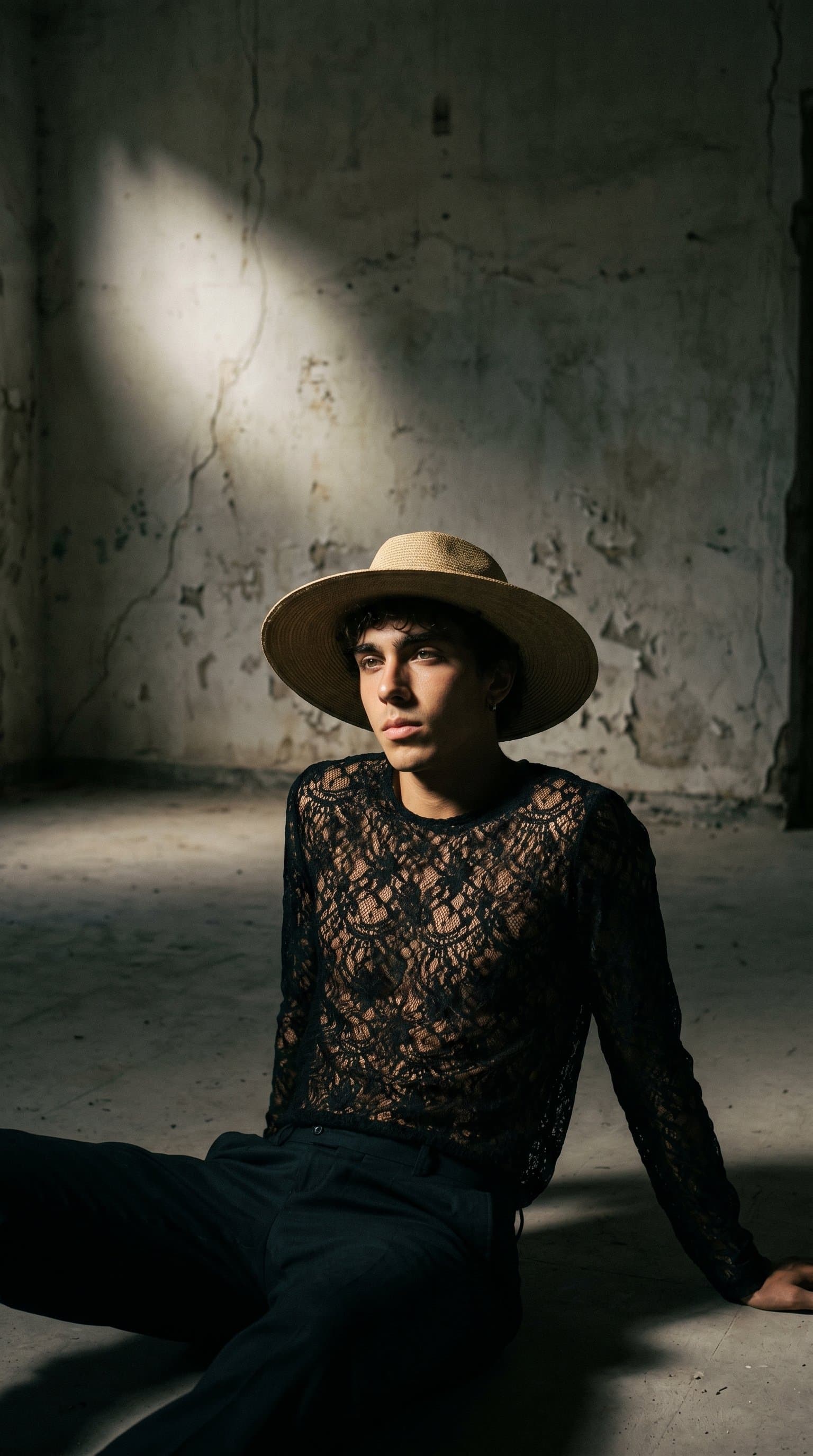 man in an empty room, dressed in a lacy outfit and lit by a single light source casting dramatic shadows