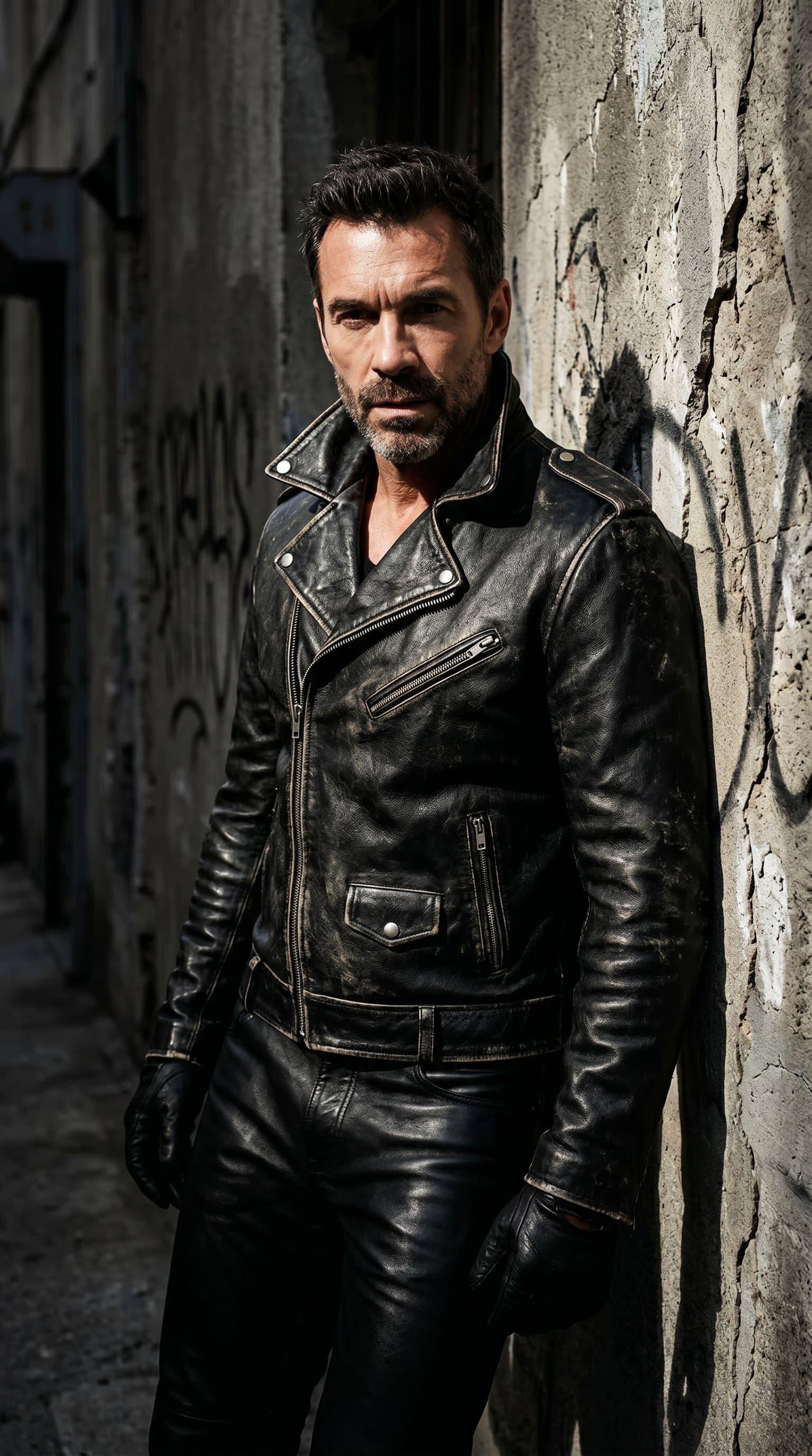 A man against a concrete wall, wearing a leather outfit and under harsh, contrasting lighting