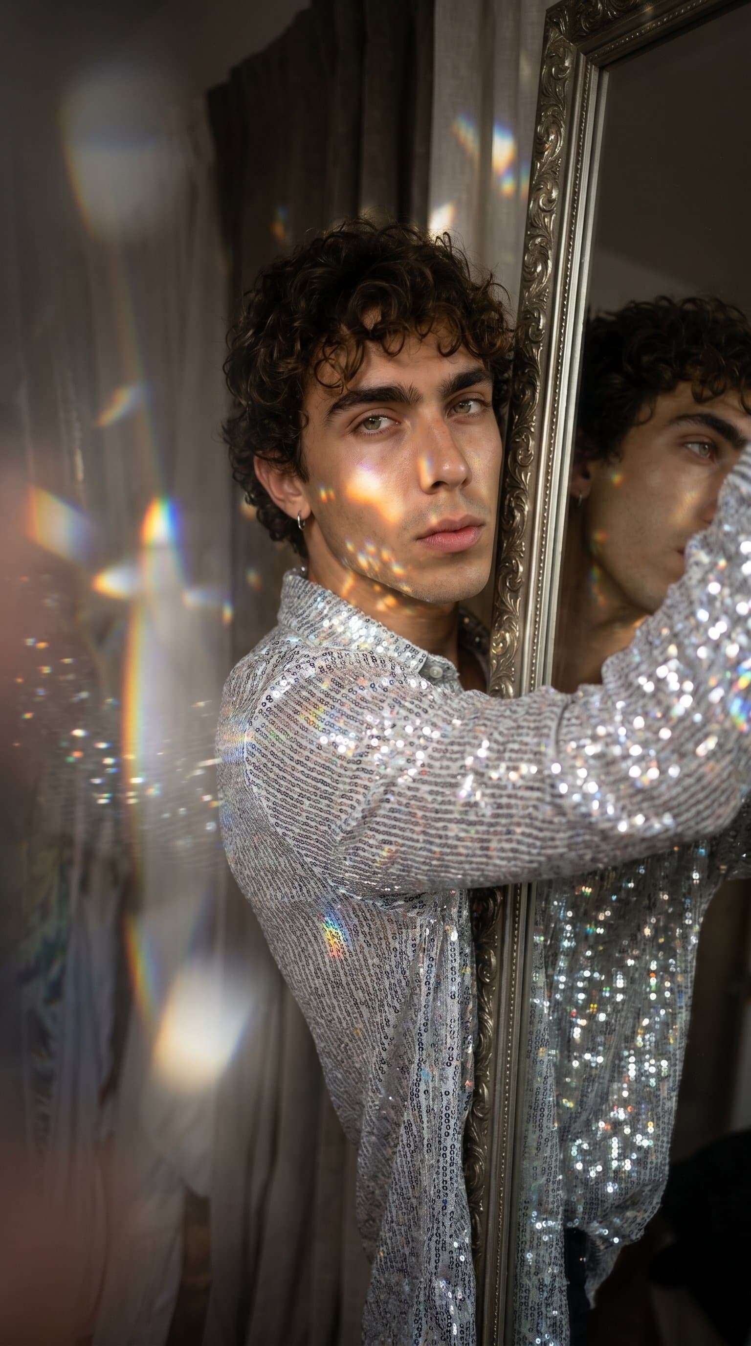 man provocatively leaning against a mirror, dressed in a shimmery garment with soft, refracted lighting