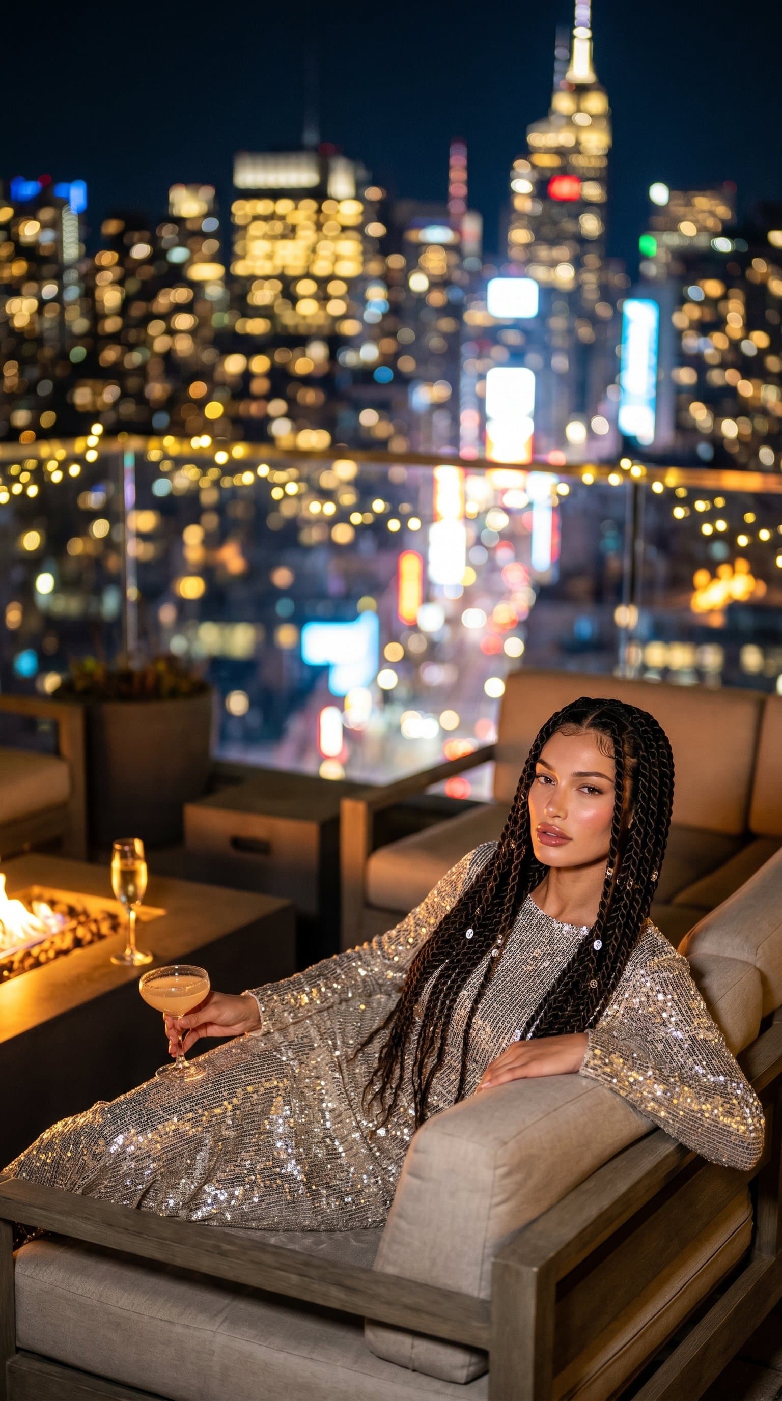 woman lounging on a rooftop, wearing a sequined outfit with city lights providing a beautiful bokeh effect