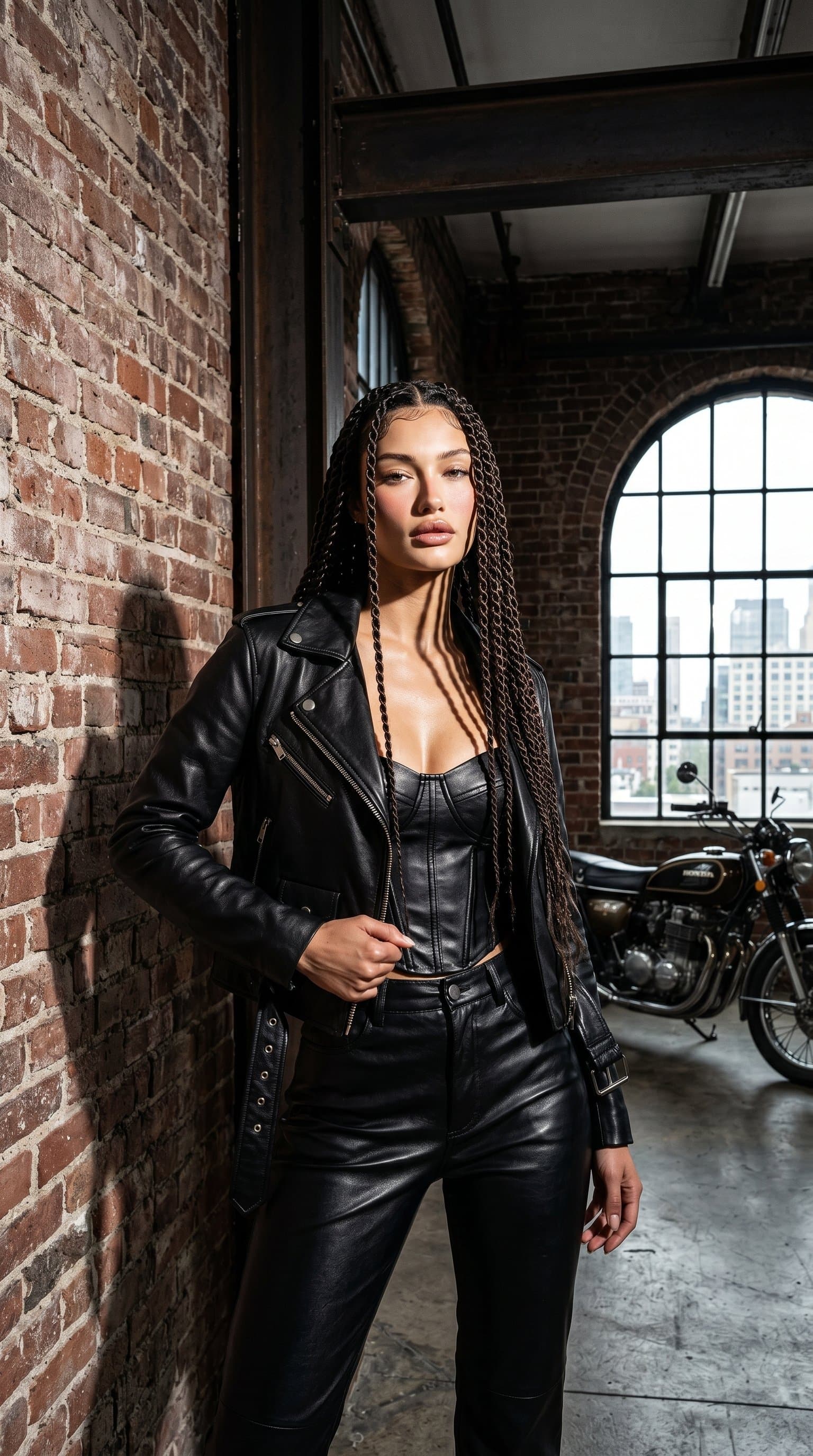 woman posing in an industrial loft, sporting a leather outfit with high contrast, dramatic lighting