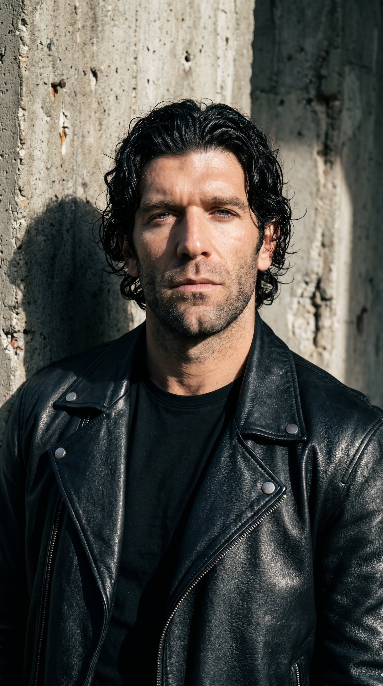 A man against a concrete wall, wearing a leather outfit and under harsh, contrasting lighting