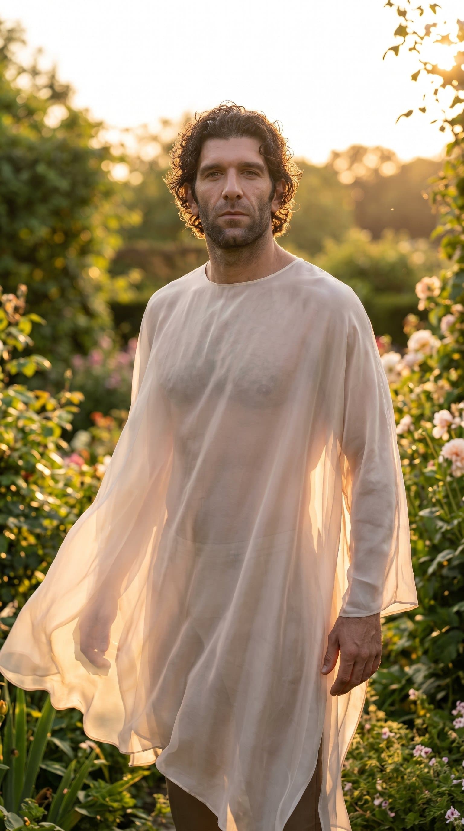 man standing in a lush garden, wearing a sheer, flowing garment with soft sunset lighting
