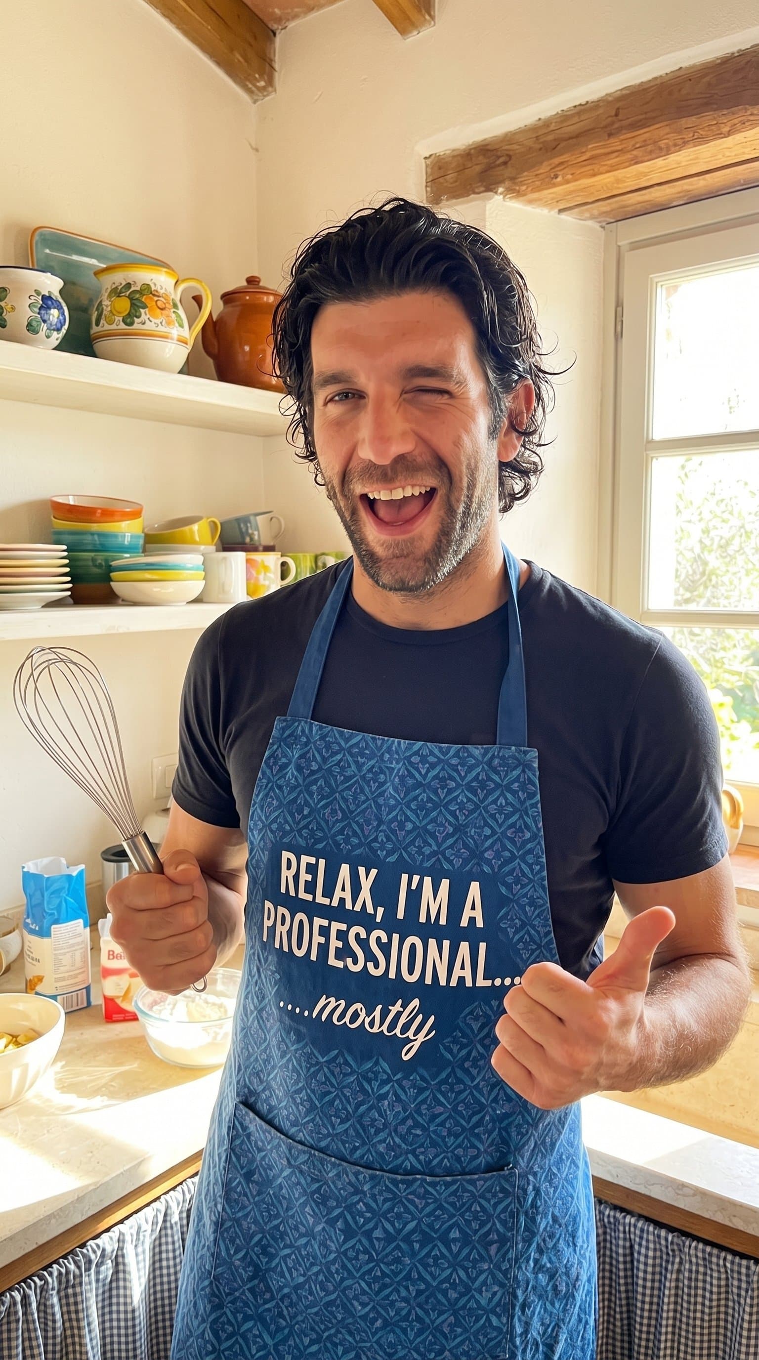 man playfully posing in a kitchen setting, wearing a cheeky apron outfit with bright, natural lighting
