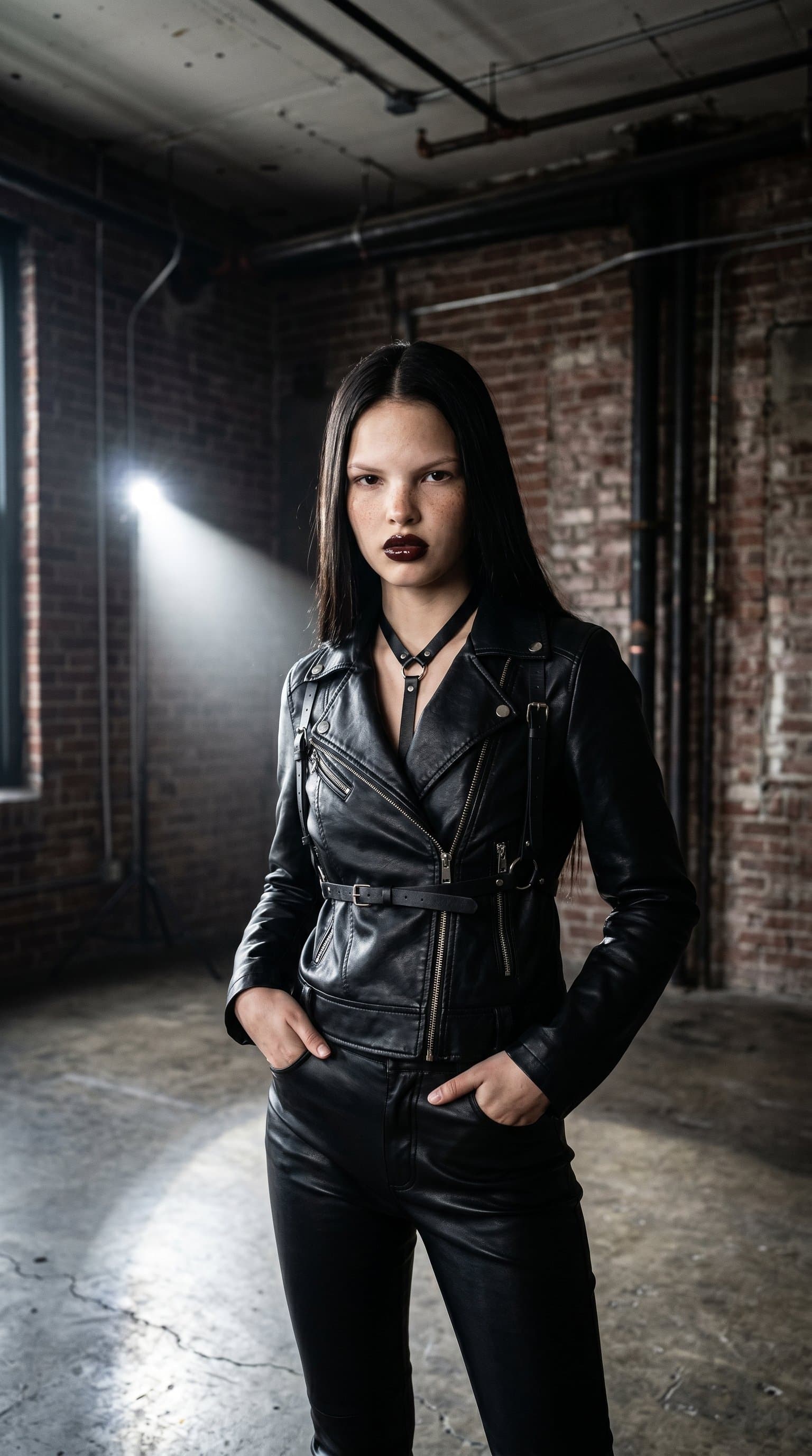 woman posing in an industrial loft, sporting a leather outfit with high contrast, dramatic lighting