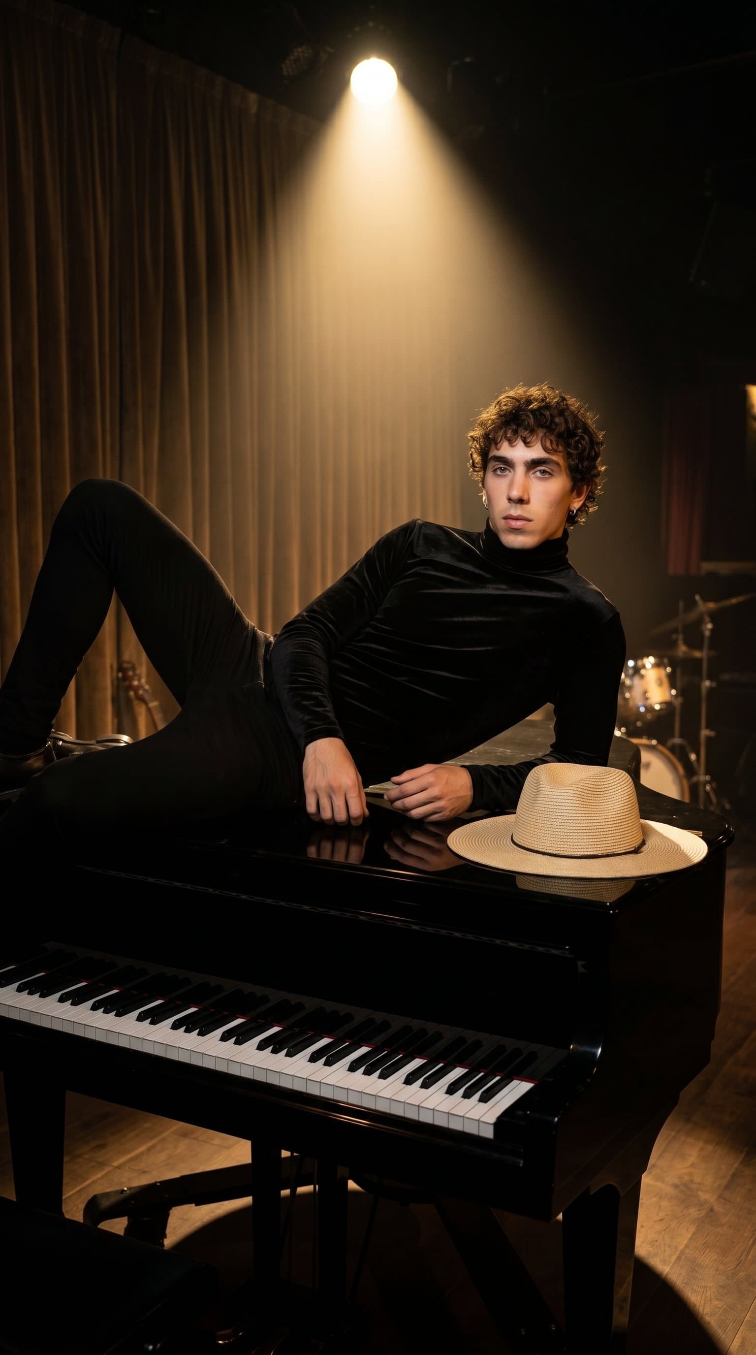 man elegantly draped over a grand piano, wearing a form-fitting outfit under a warm spotlight