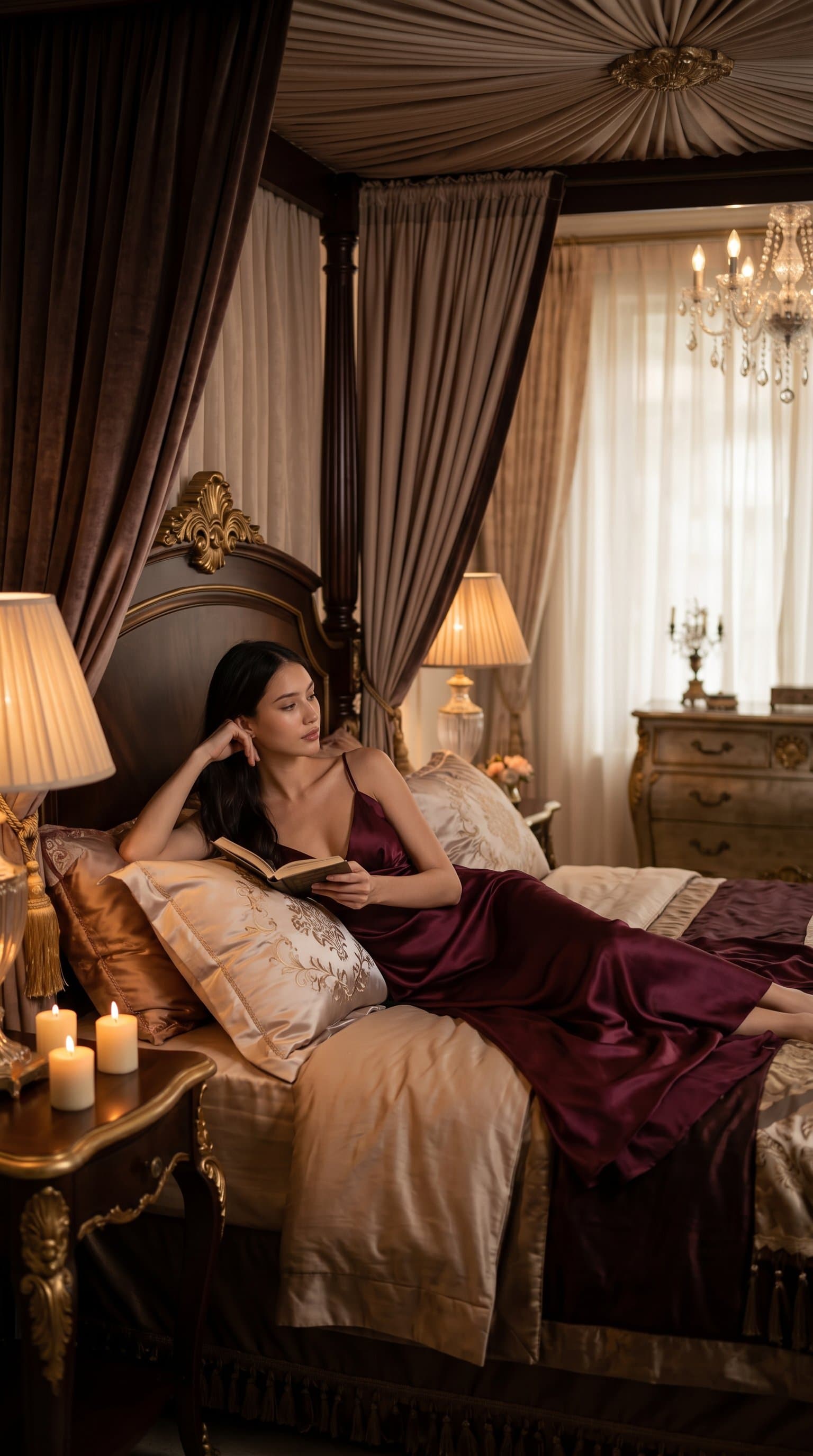 woman lounging on an opulent four-poster bed, adorned with a satin nightdress and soft, ambient lighting