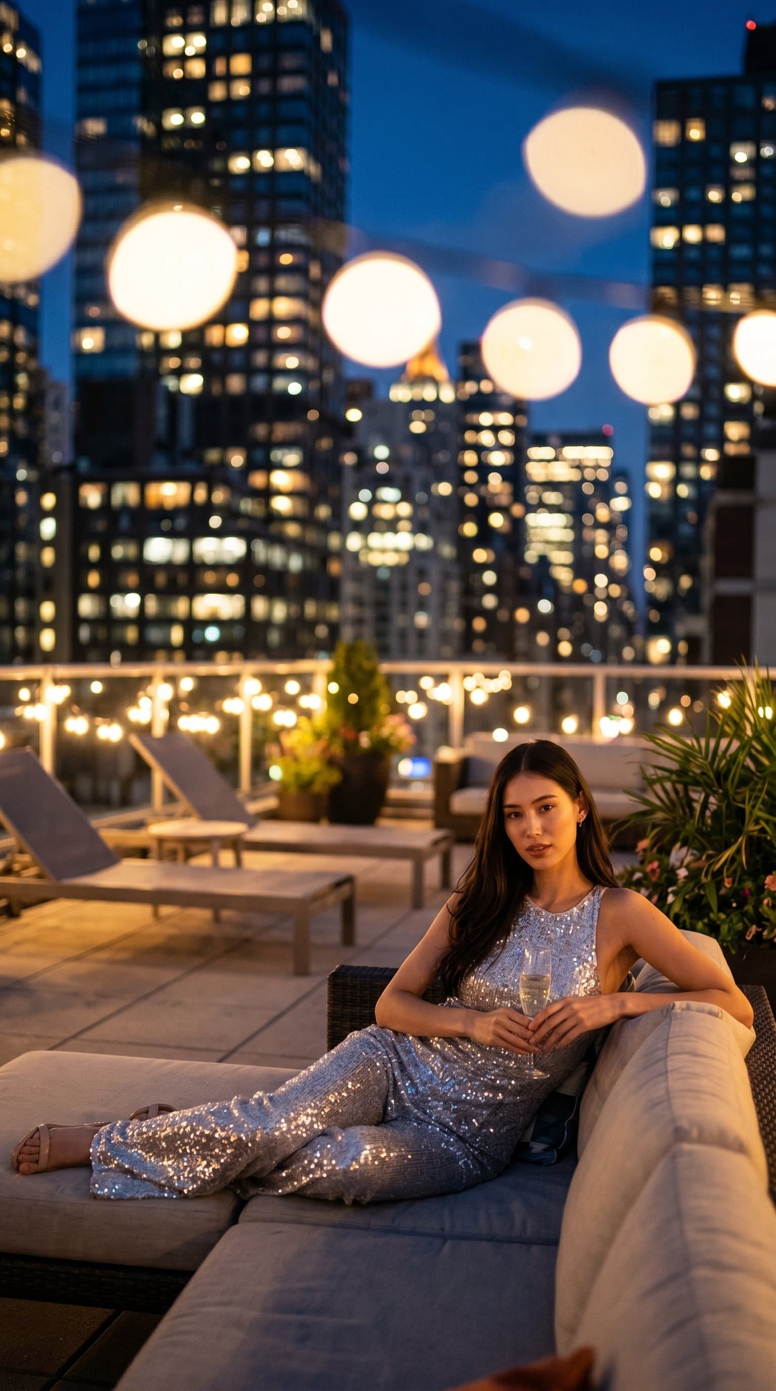 woman lounging on a rooftop, wearing a sequined outfit with city lights providing a beautiful bokeh effect