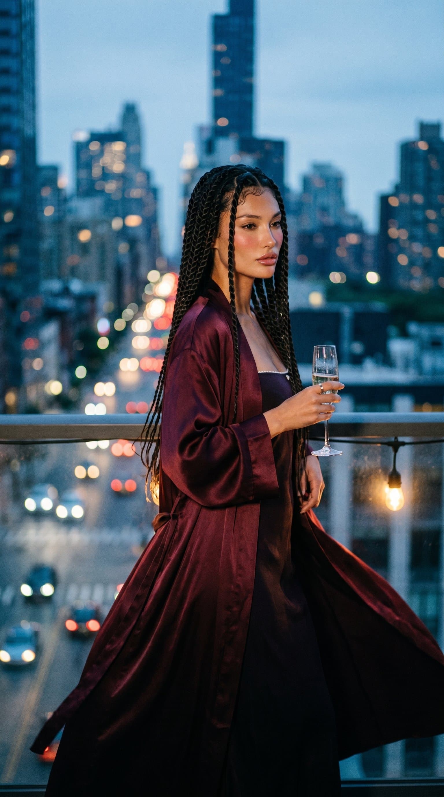 woman on a balcony, wearing a flowing silk robe with the evening cityscape providing a moody backlight