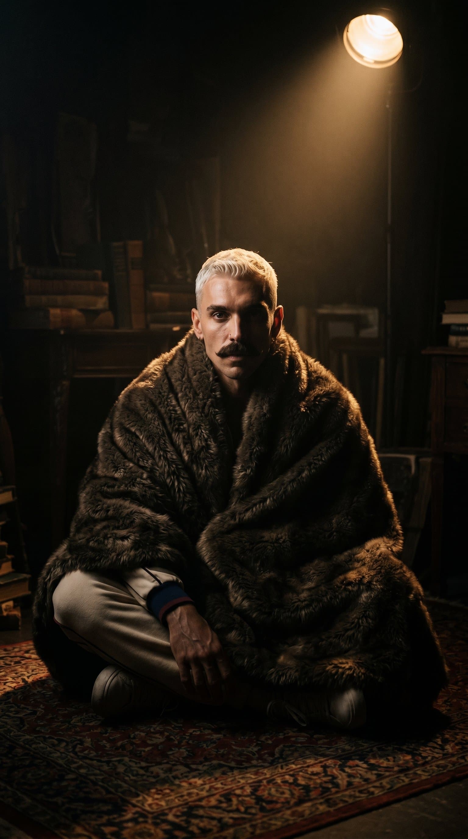 man in a shadowy room, wrapped in a fur blanket with a single light source creating a mysterious mood