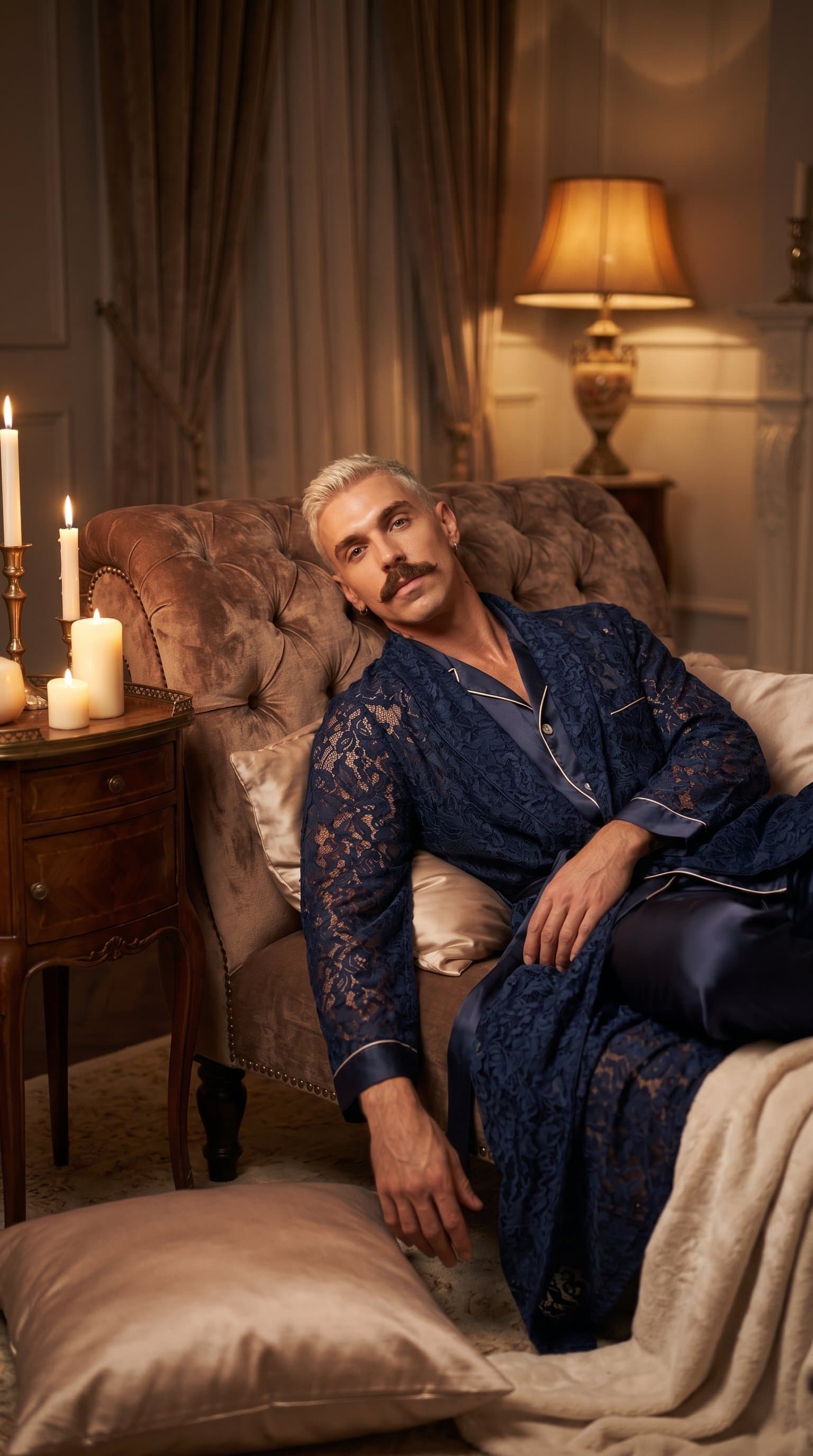 man reclining on a luxury chaise lounge in a lace robe with soft, romantic lighting