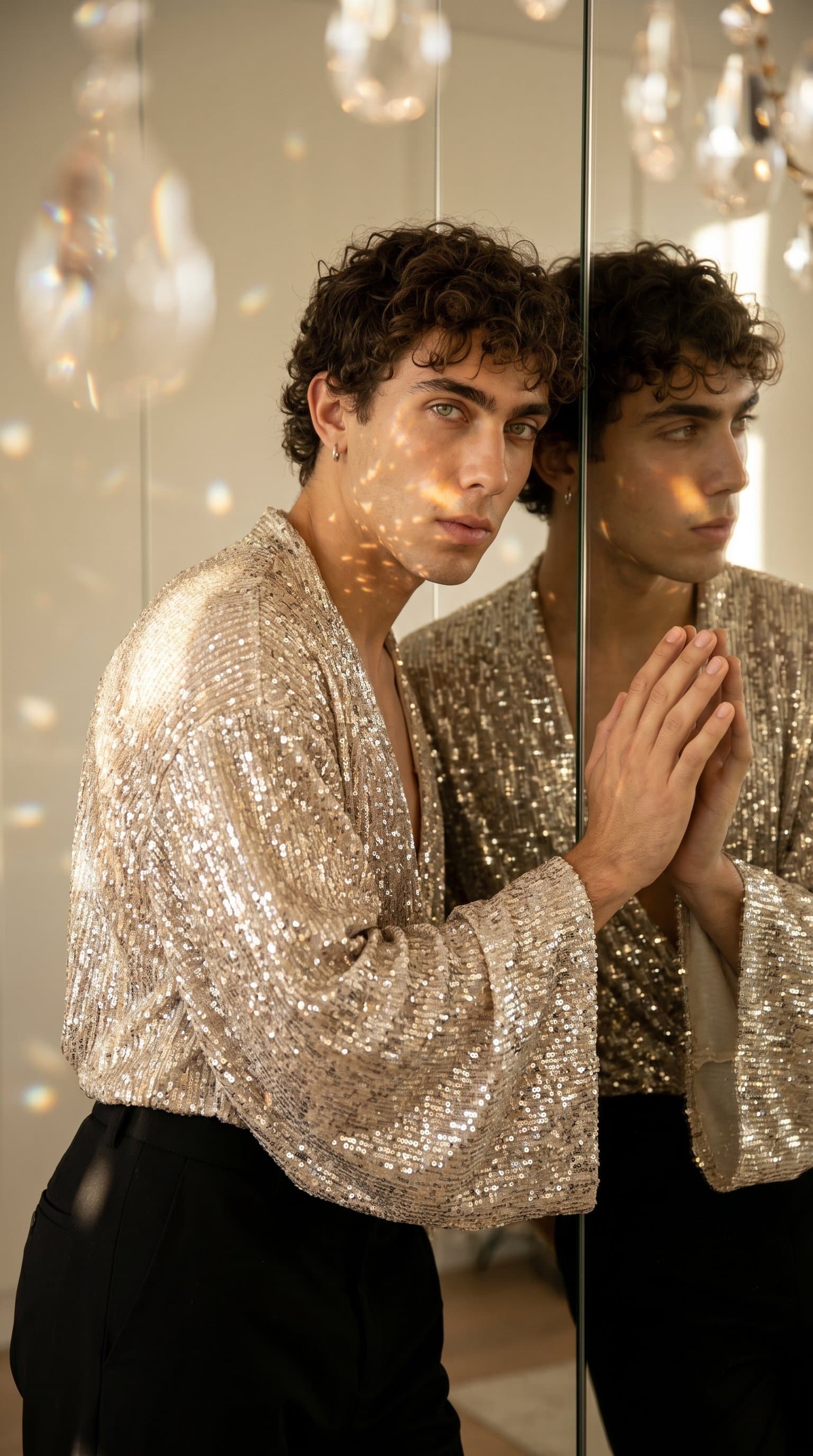 man provocatively leaning against a mirror, dressed in a shimmery garment with soft, refracted lighting