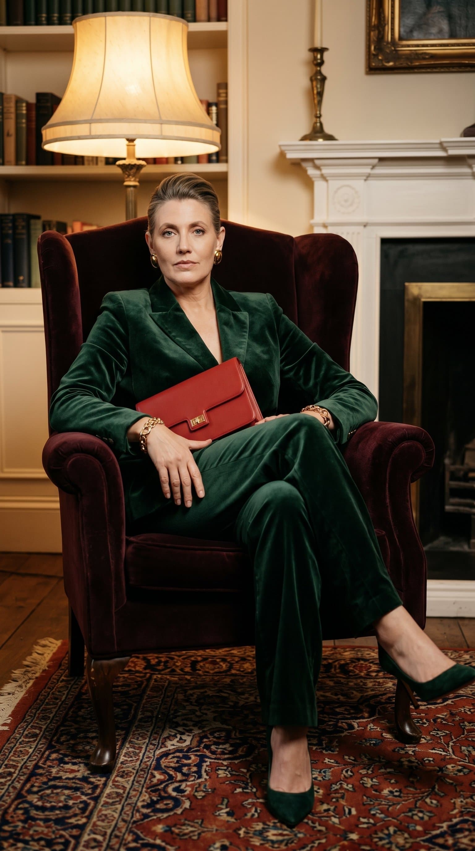 woman sitting on a vintage armchair, wearing a velvet outfit with a warm, diffused lighting