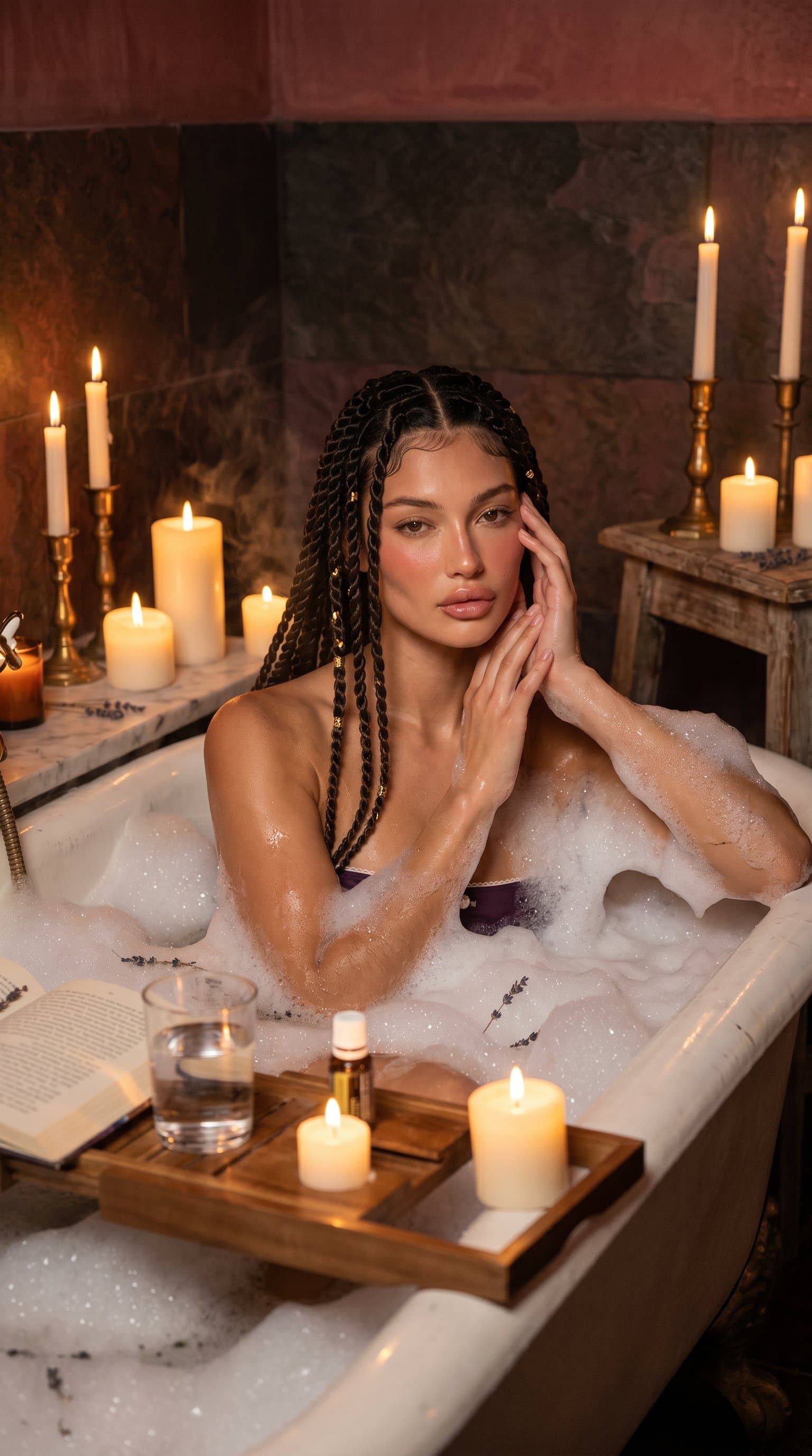 A woman in a bubble bath, surrounded by candles with warm, soft lighting