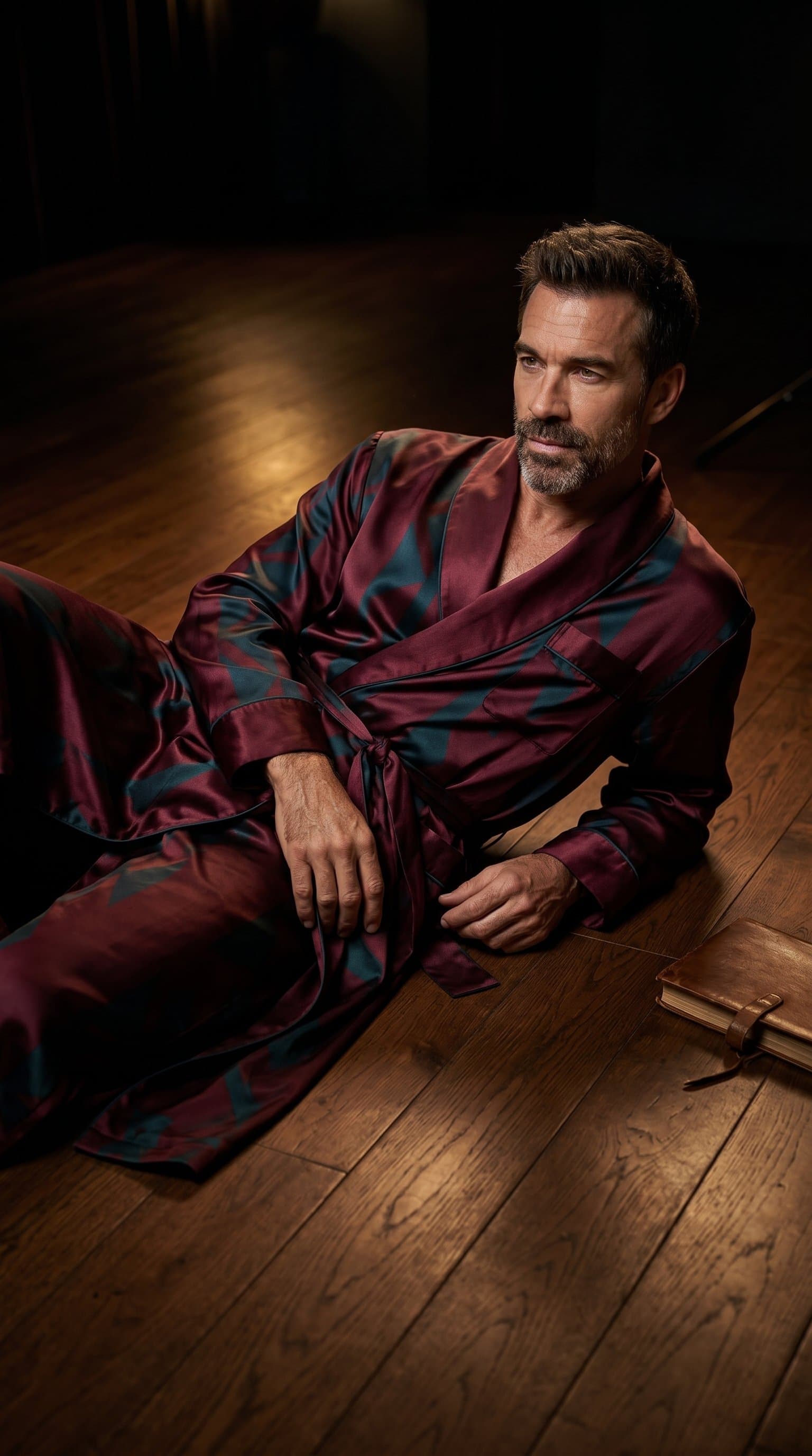 man reclining on a hardwood floor, wearing a silky robe with dramatic, low-key lighting