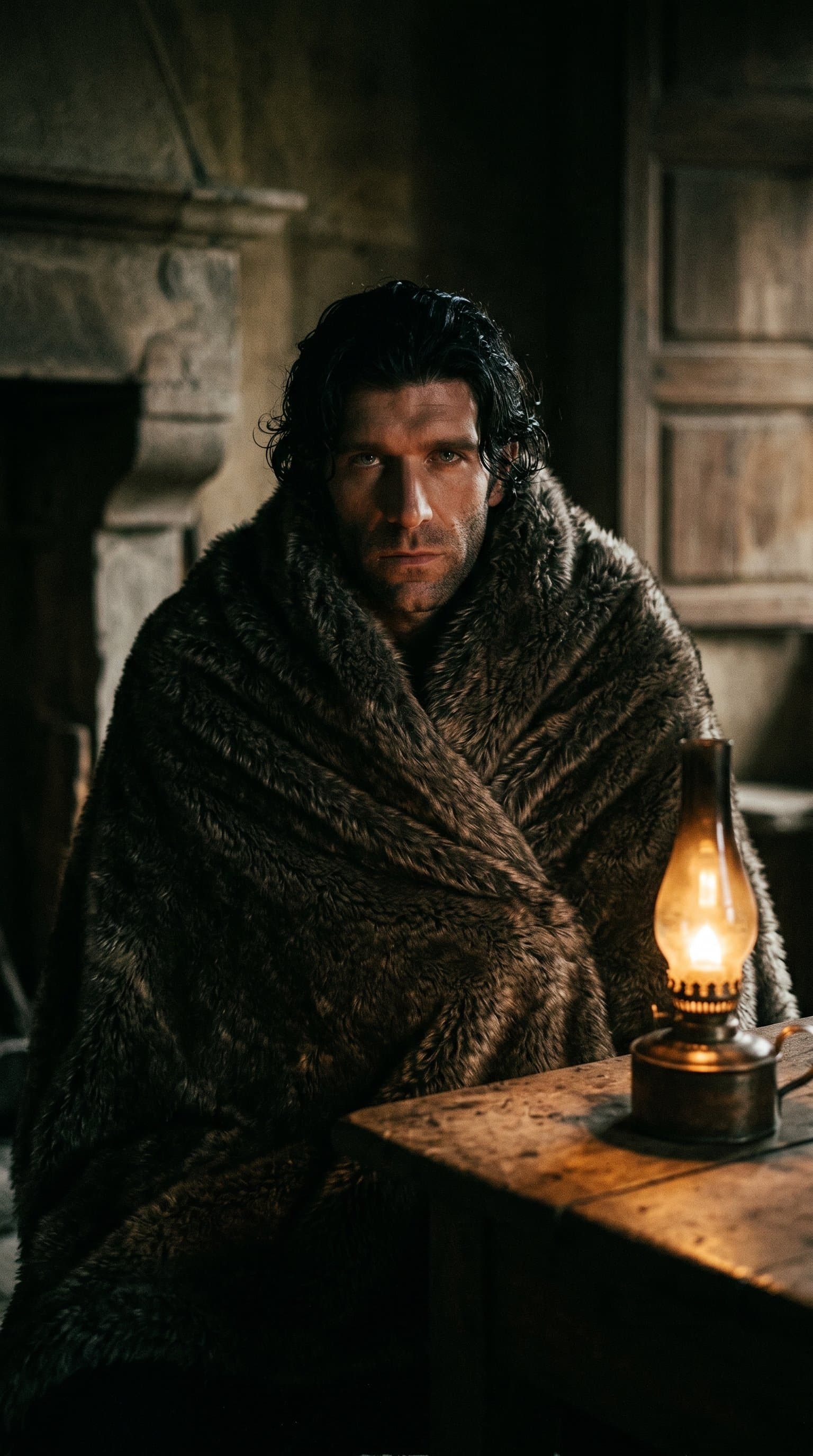 man in a shadowy room, wrapped in a fur blanket with a single light source creating a mysterious mood