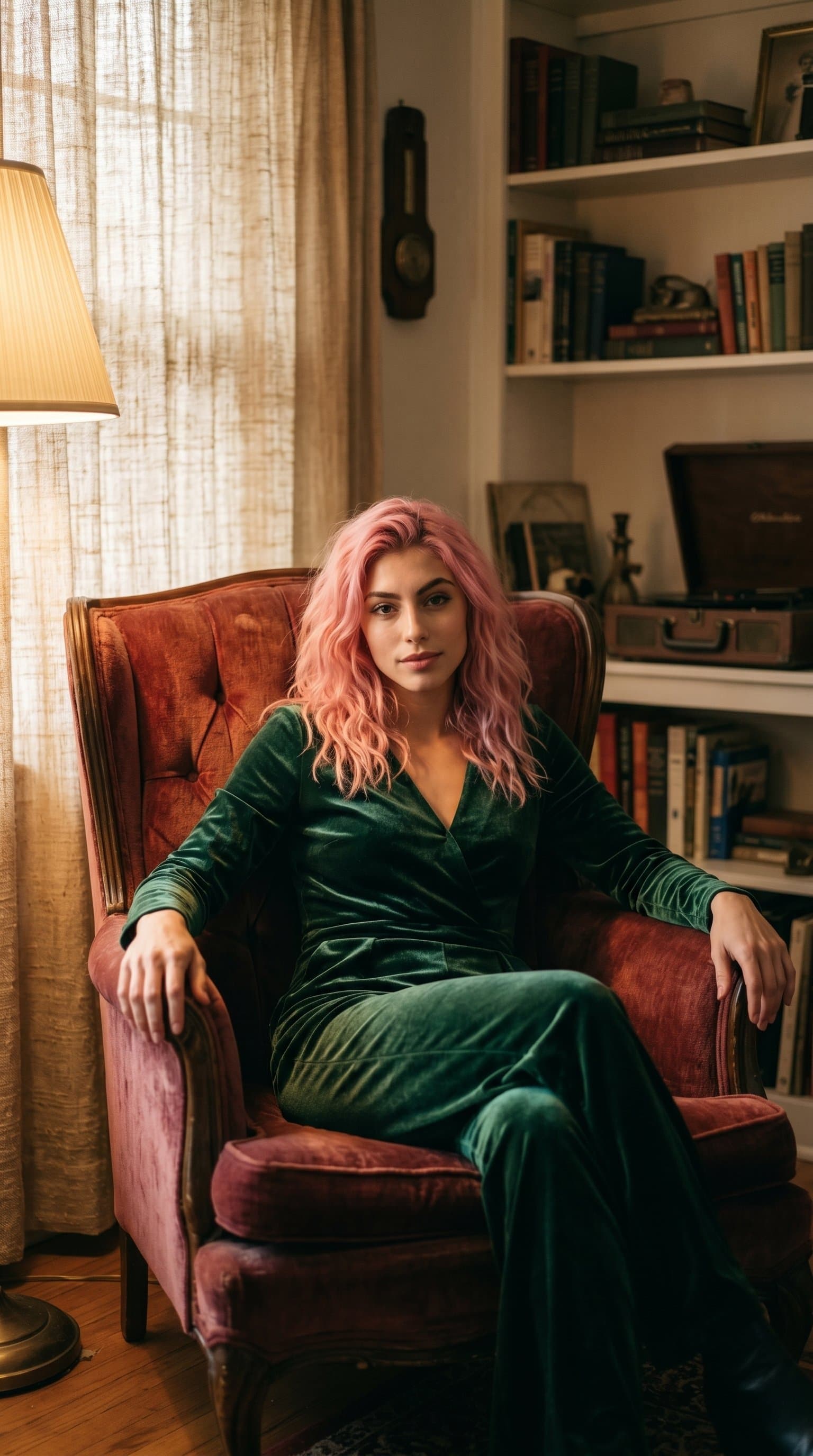 woman sitting on a vintage armchair, wearing a velvet outfit with a warm, diffused lighting
