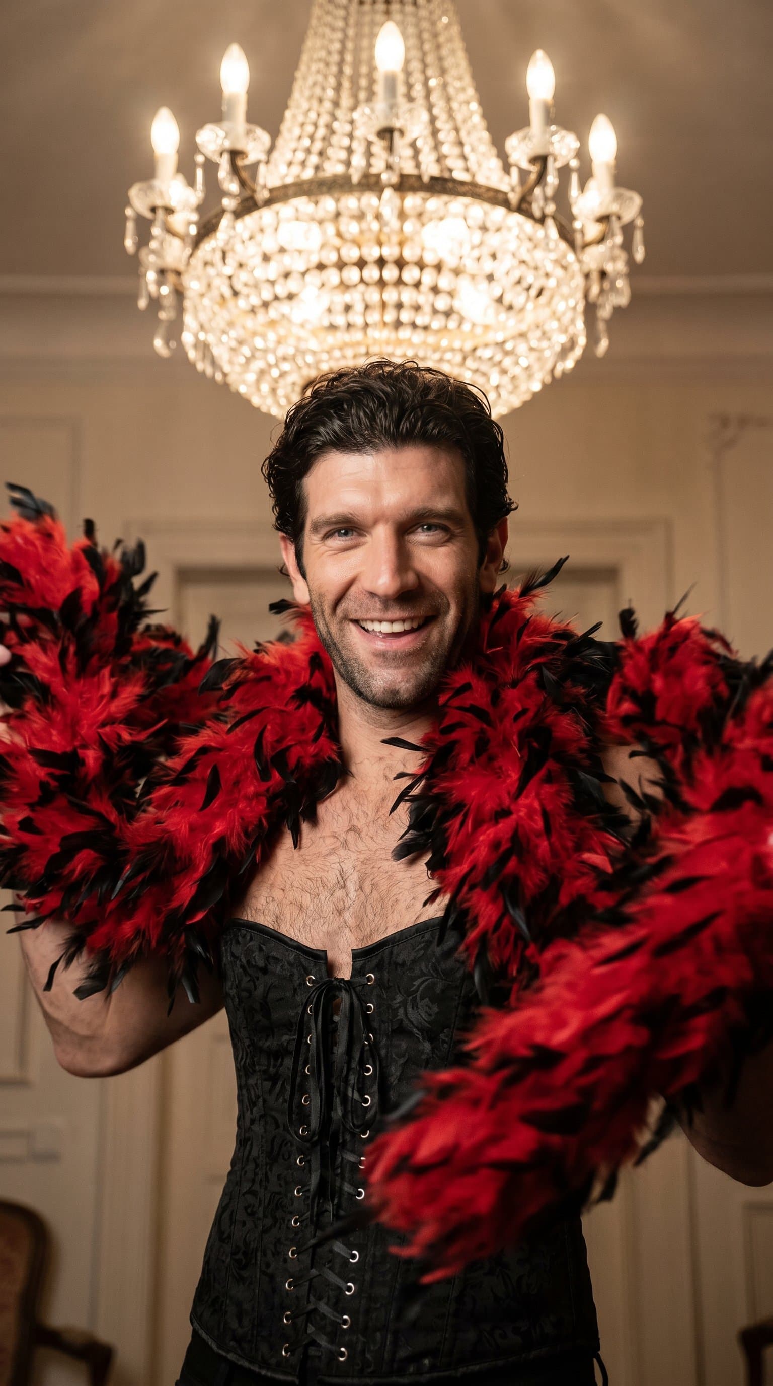 man playfully posing with a feather boa, wearing a corset under a chandelier's soft, diffused light