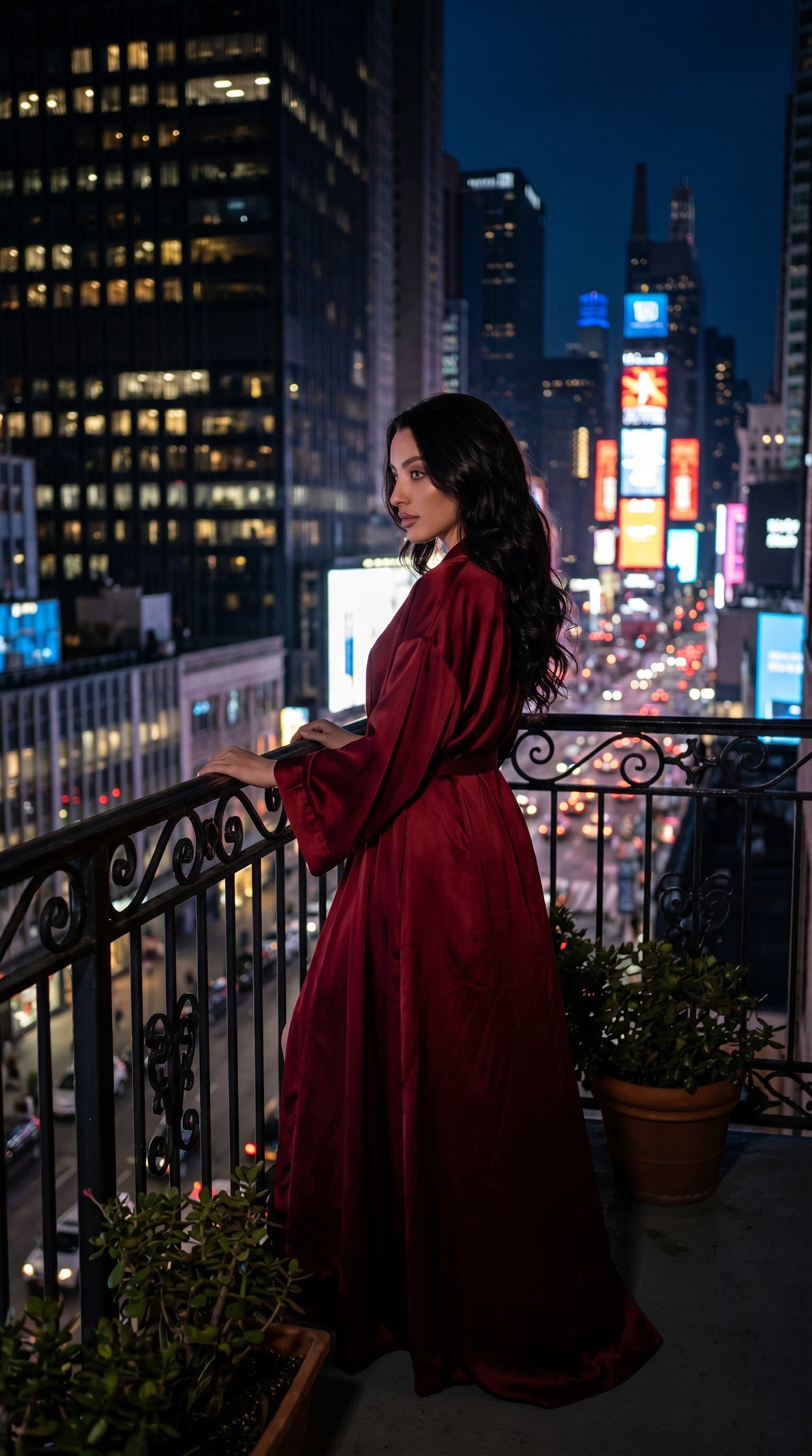 woman on a balcony, wearing a flowing silk robe with the evening cityscape providing a moody backlight
