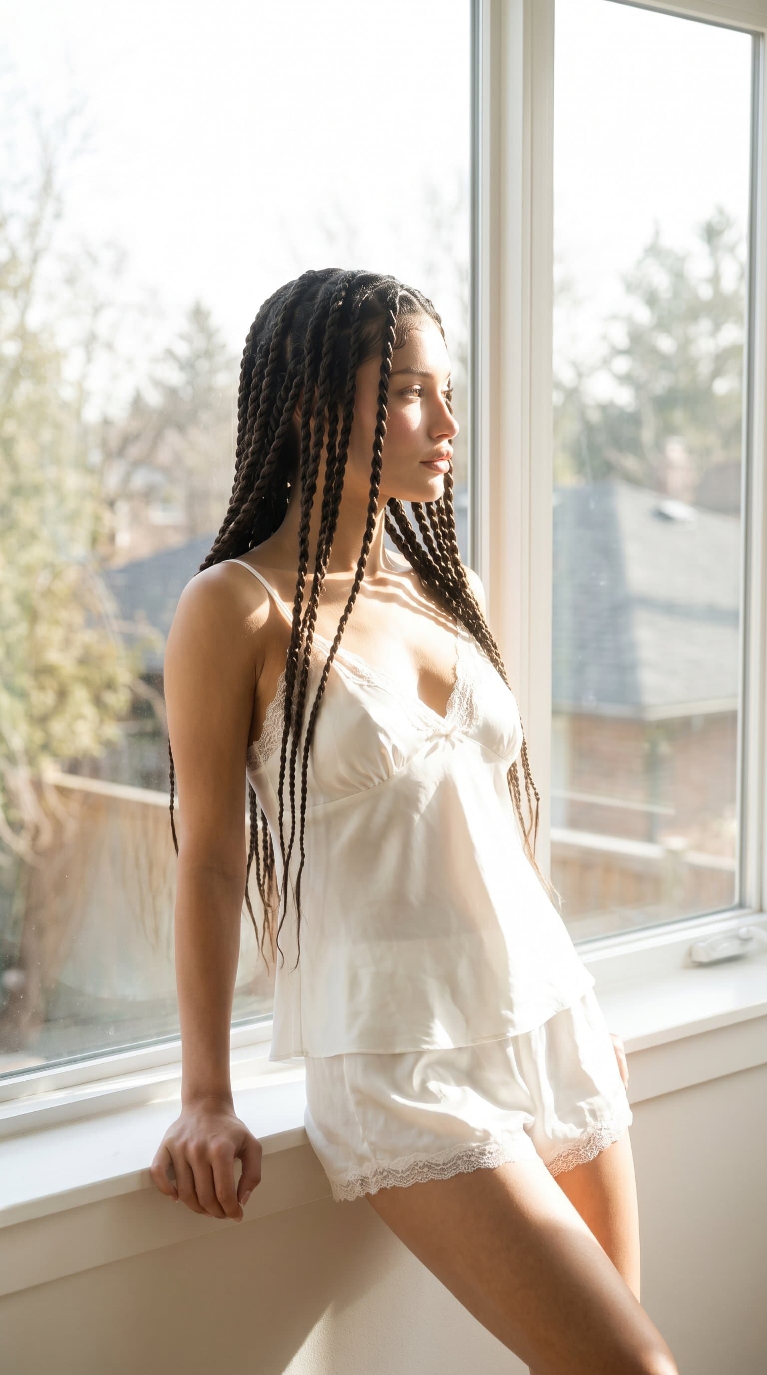 woman in semi-transparent sleepwear, posing in front of a window with morning light streaming in