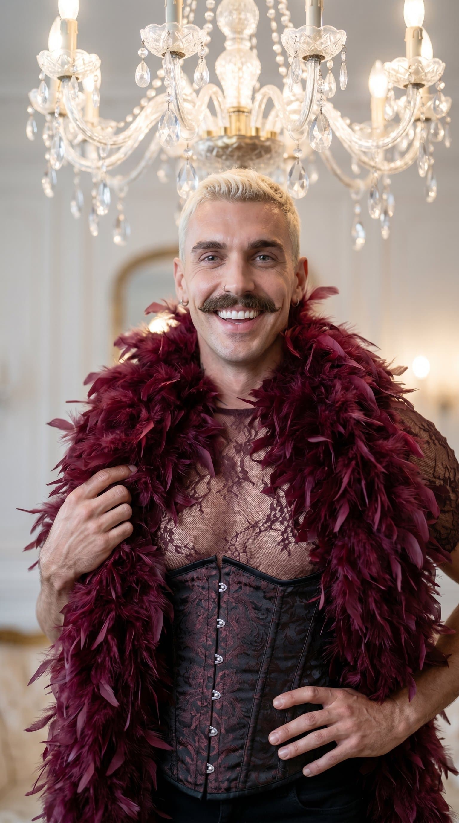 man playfully posing with a feather boa, wearing a corset under a chandelier's soft, diffused light