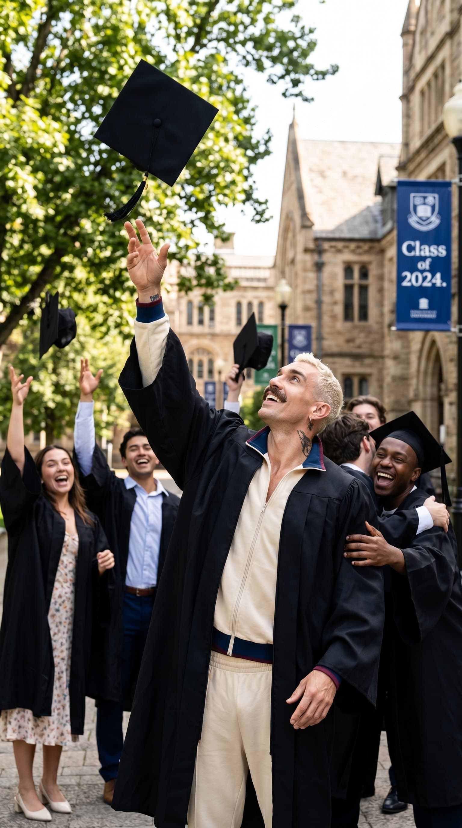 A man throwing the graduation cap in the air with a group of friends in the background