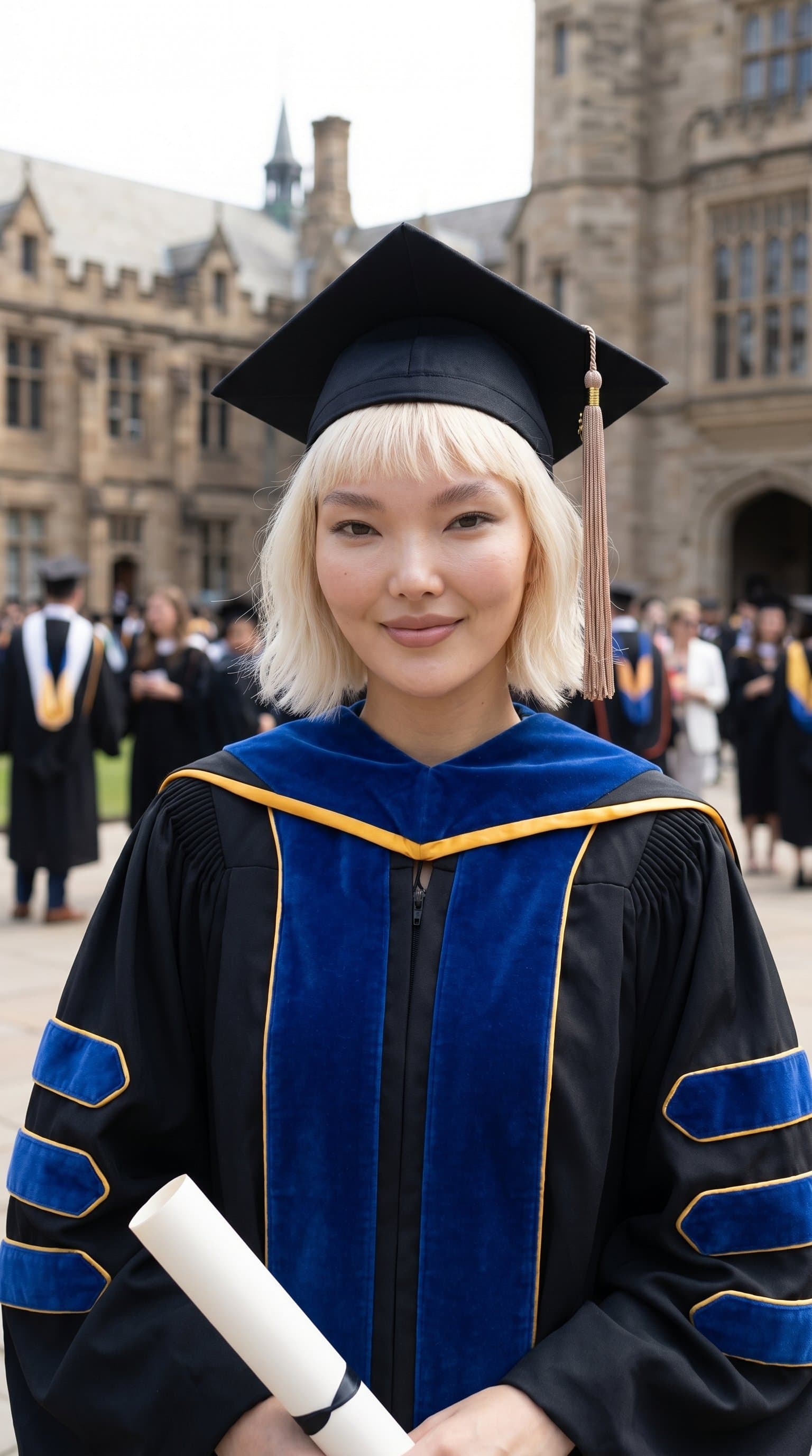 A woman wearing graduation robes looking confidently towards the camera