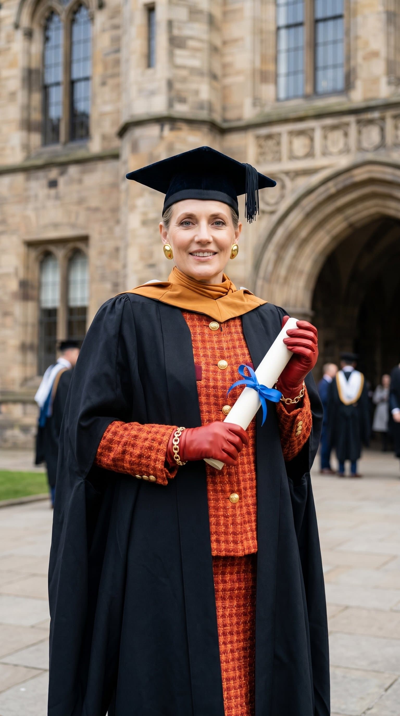 A woman in graduation robes standing in front of a university building, holding a diploma