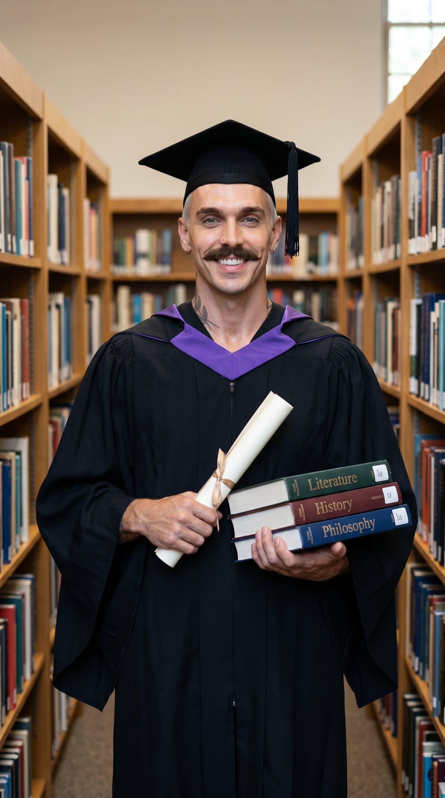 A man in graduation attire standing in a library aisle, holding a diploma and a few books