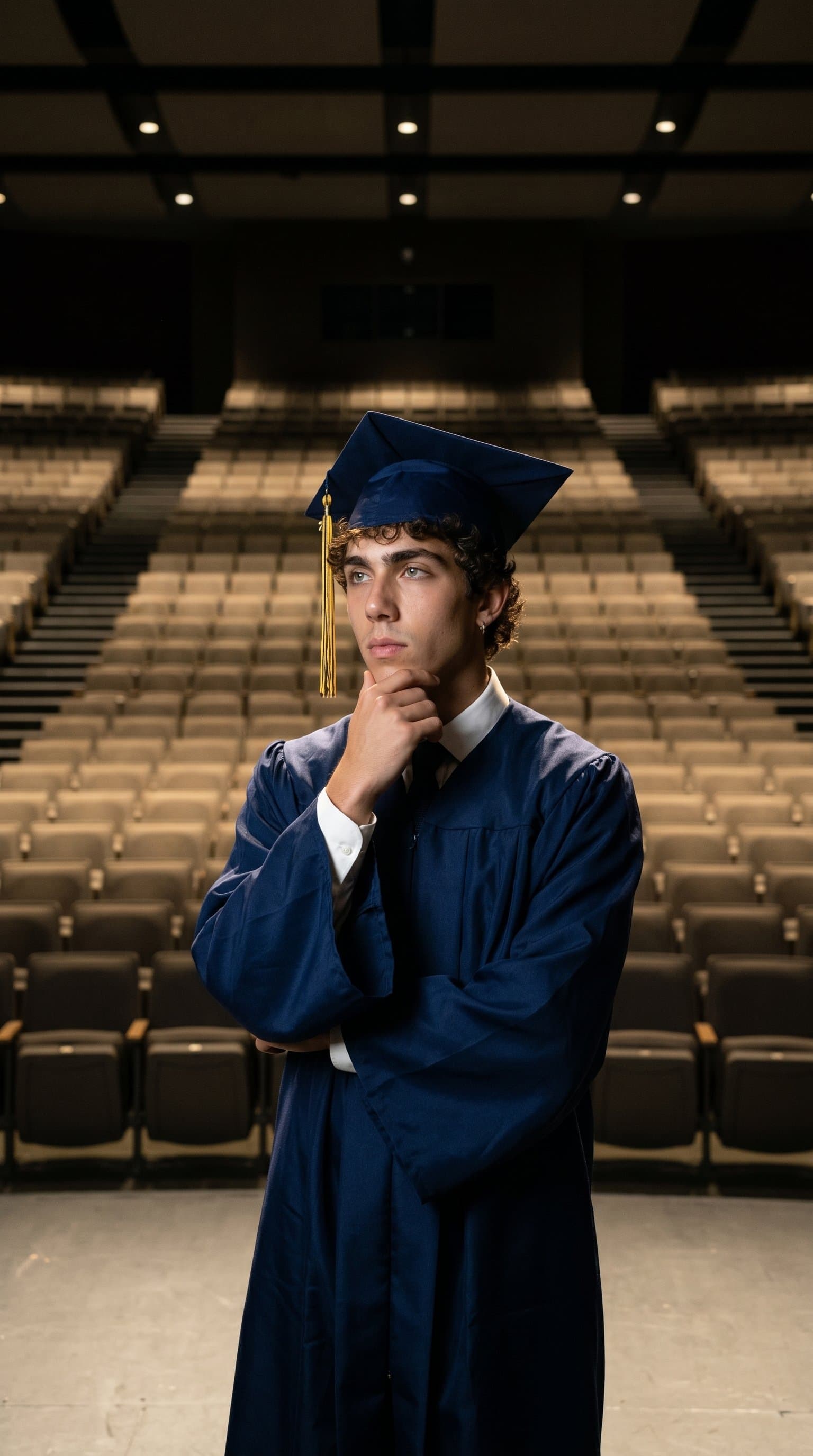 A man wearing graduation cap and gown, standing in an empty auditorium, looking thoughtful
