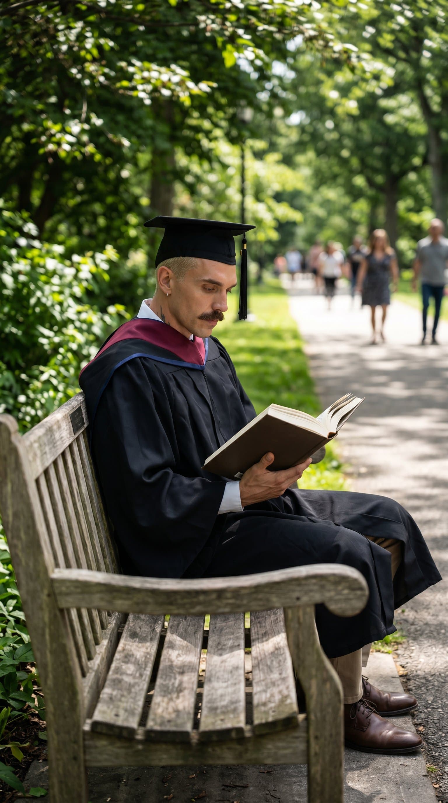 A man in a graduation gown, sitting on a park bench, reading a book under soft daylight