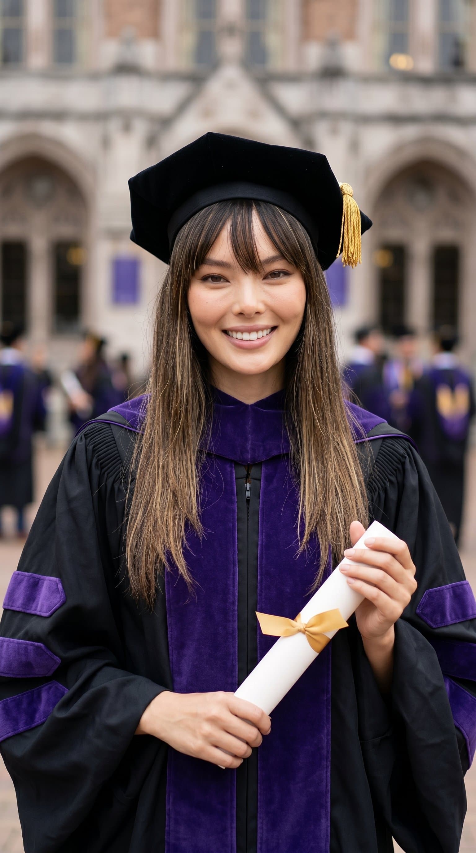 A woman wearing graduation robes looking confidently towards the camera