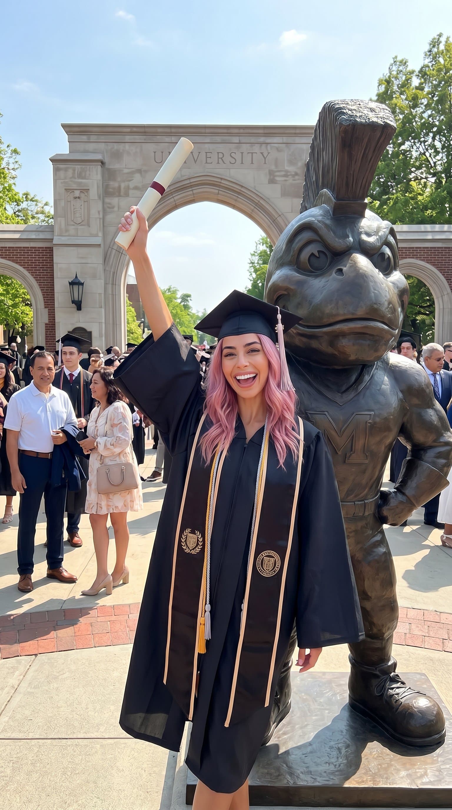 A graduate standing next to a sculpture or landmark of their university, holding their diploma high