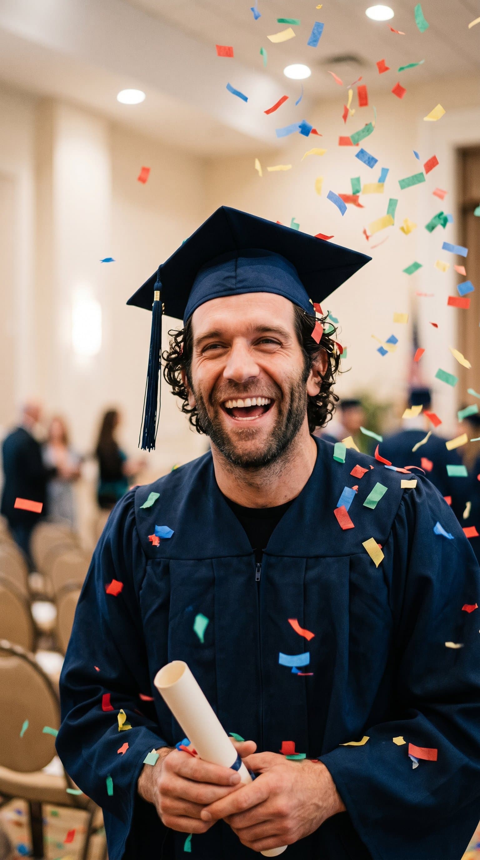 A man in their graduation cap and gown, surrounded by colorful confetti in soft indoor light