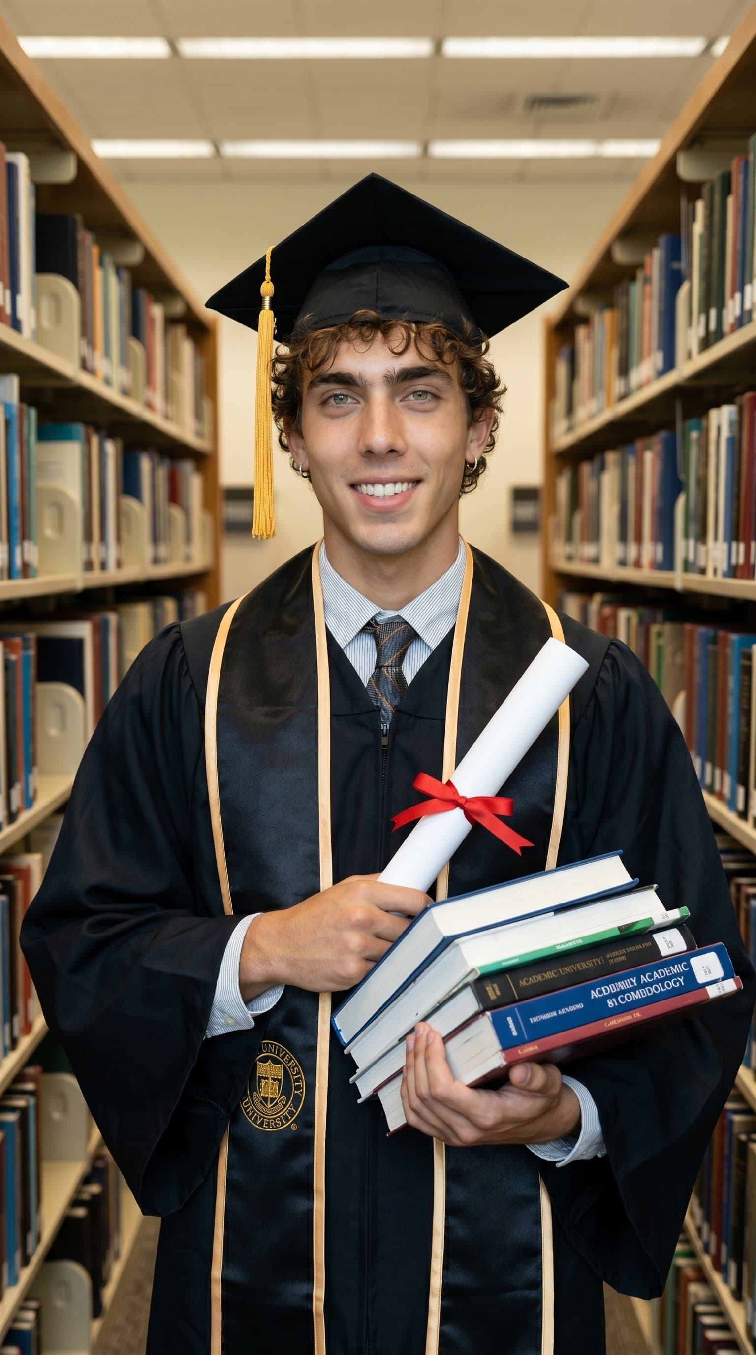 A man in graduation attire standing in a library aisle, holding a diploma and a few books