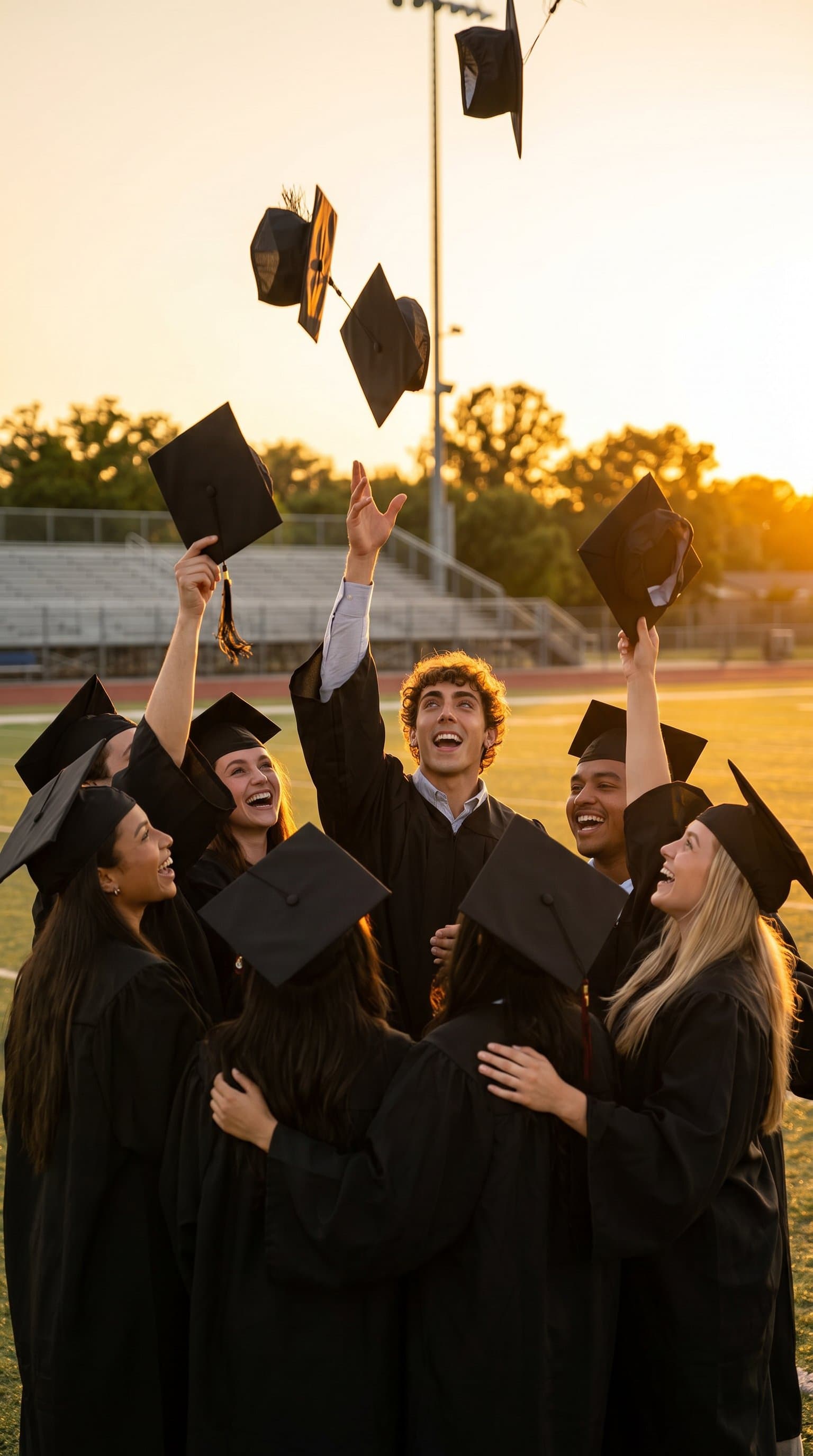 A group of graduates huddled together, throwing th