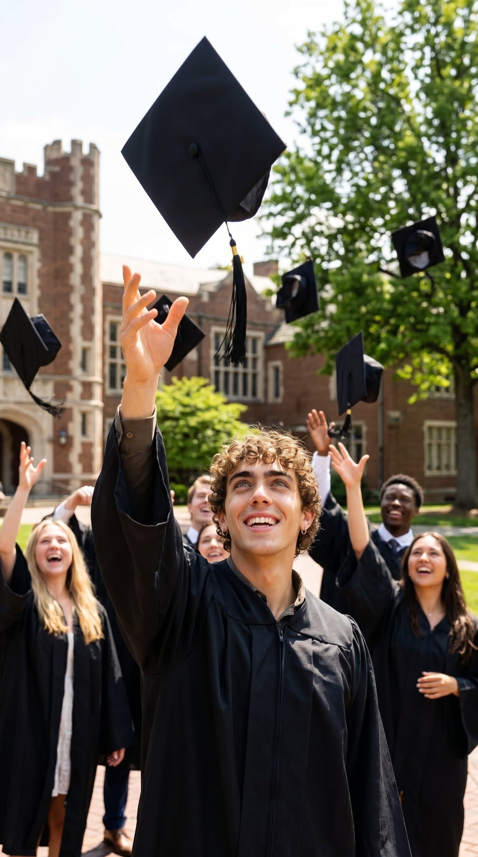 A man throwing the graduation cap in the air with a group of friends in the background