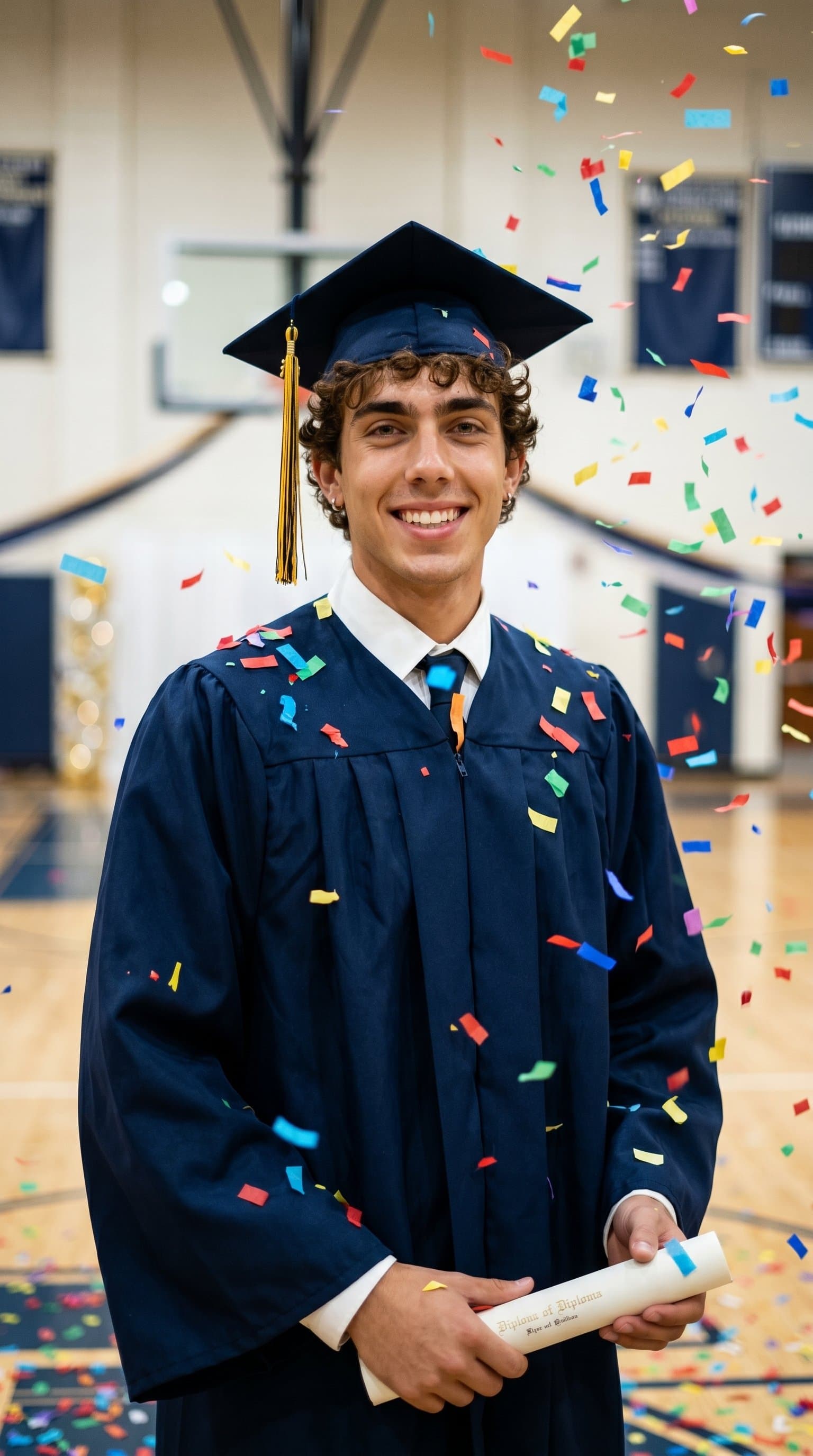 A man in their graduation cap and gown, surrounded by colorful confetti in soft indoor light