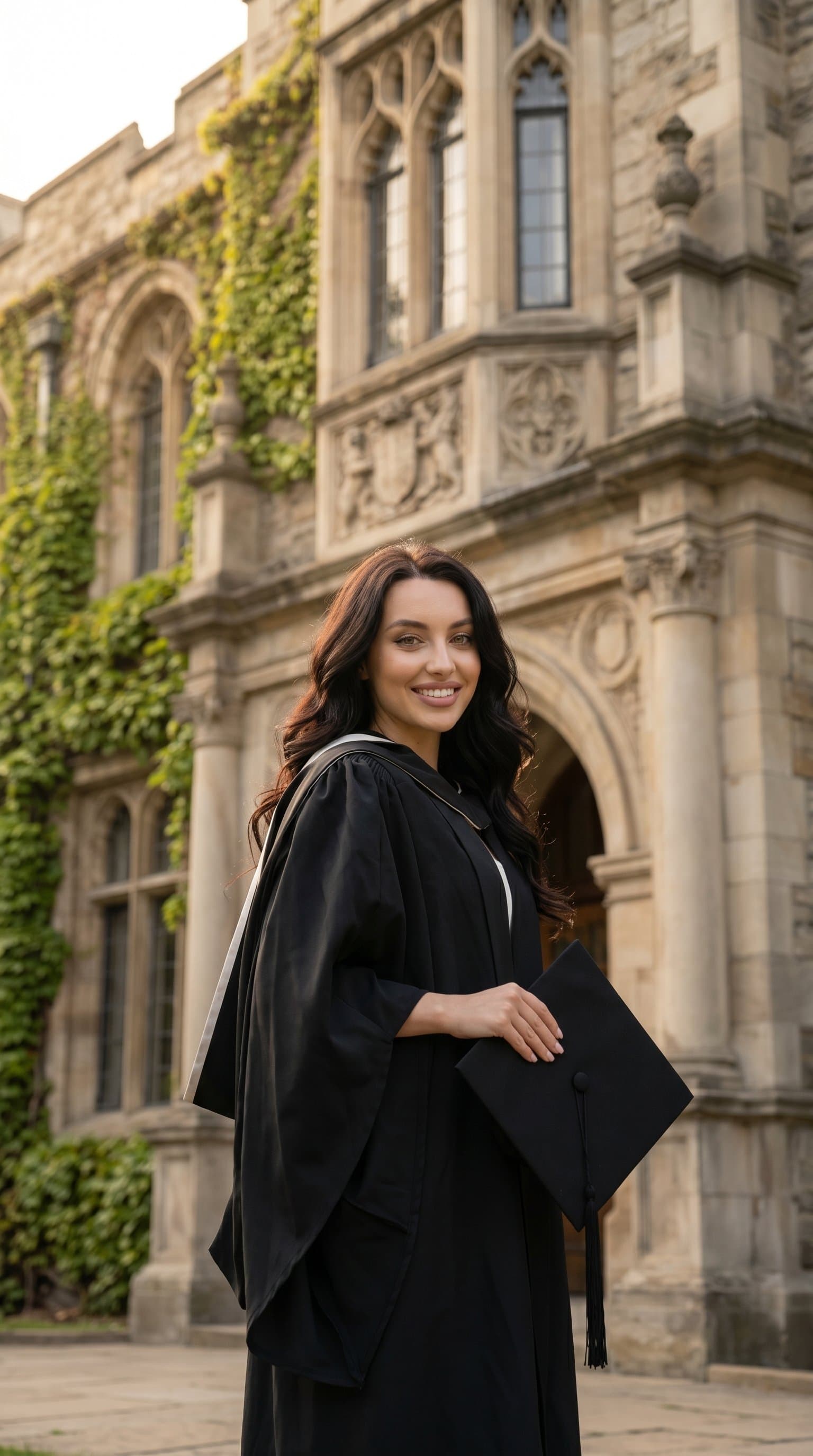 A woman in graduation attire, standing in front of an old library, holding their cap in their hand
