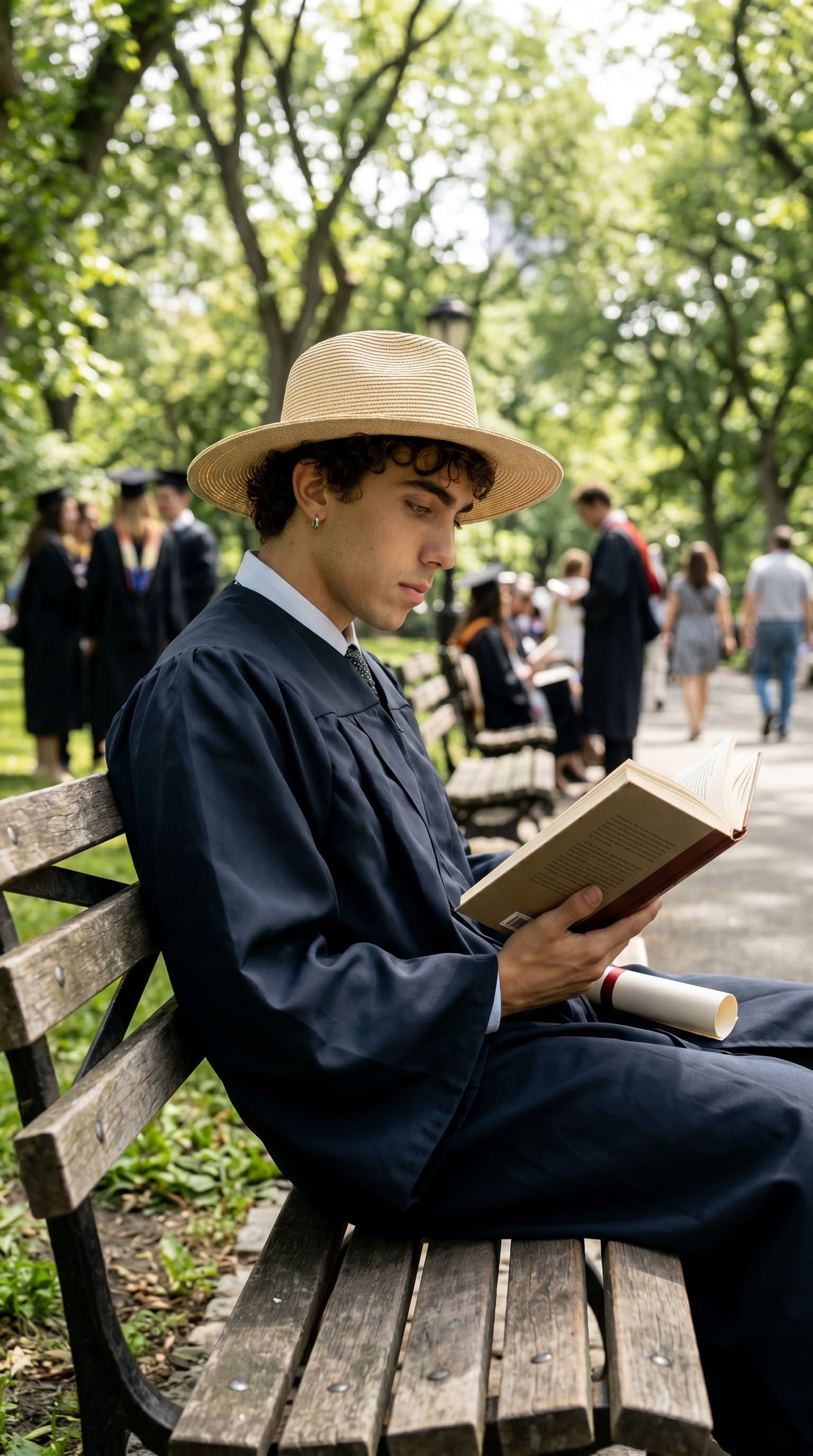 A man in a graduation gown, sitting on a park bench, reading a book under soft daylight