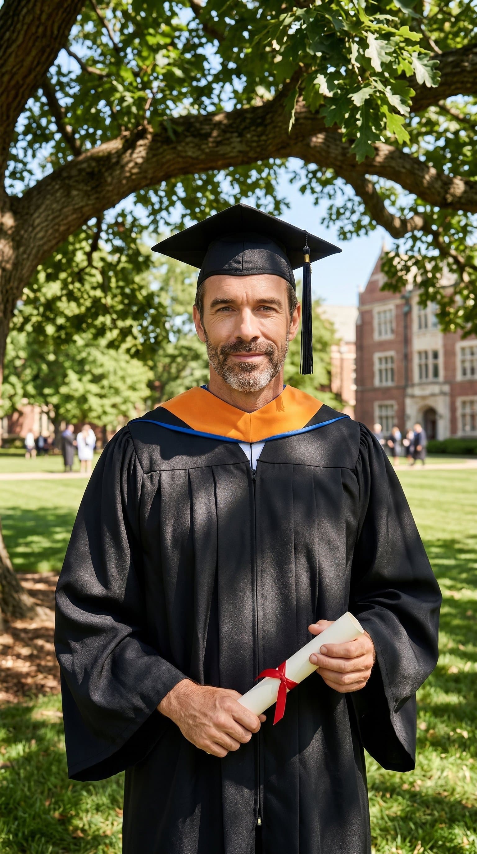 A man wearing a graduation robe, standing under a tree with sunlight filtering through