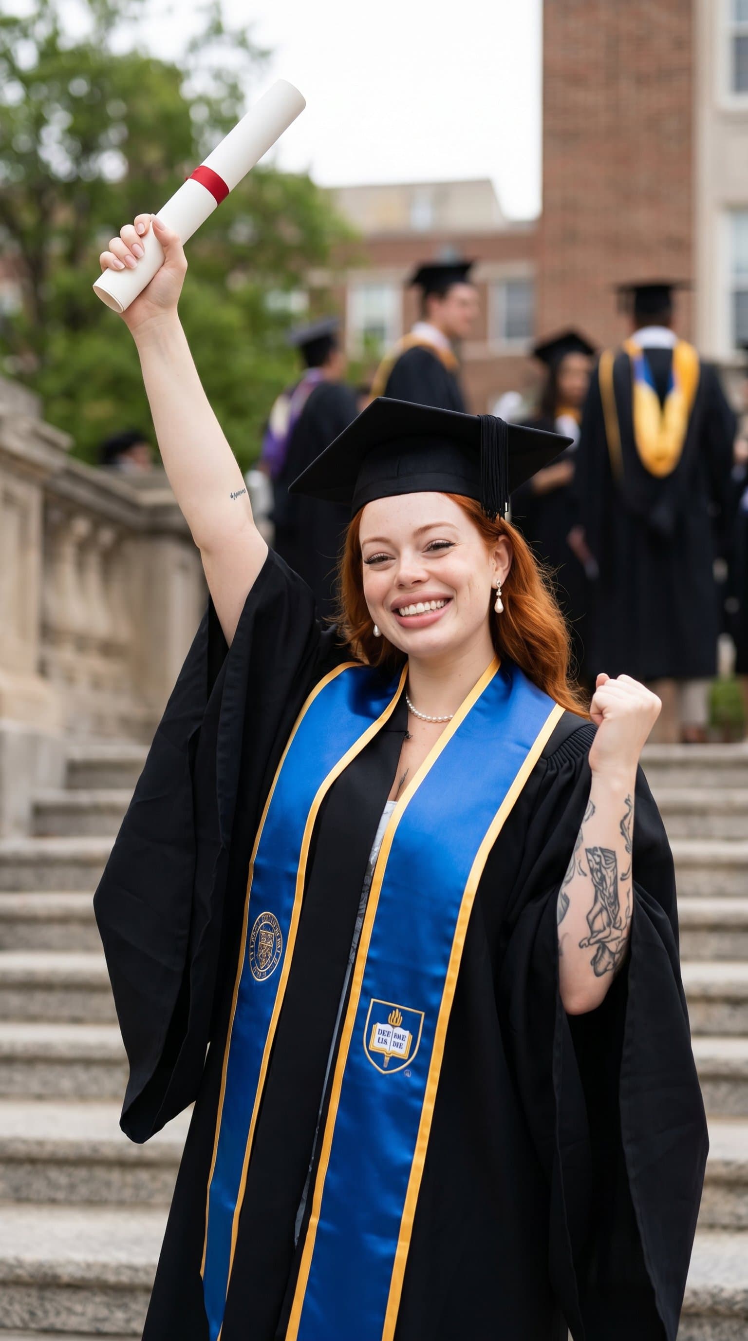 A woman in their graduation attire, striking a triumphant pose on a staircase
