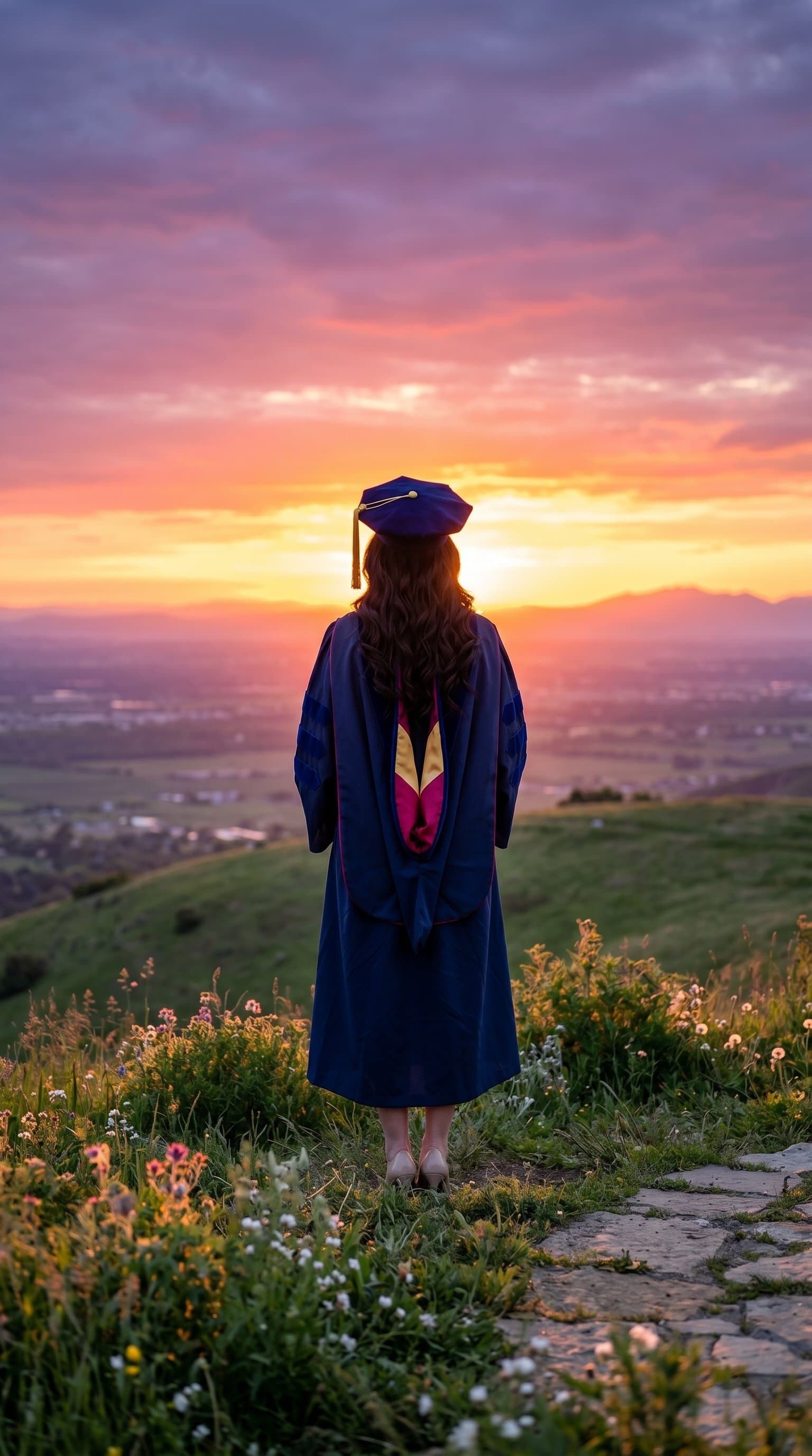 A graduate in robes standing at the top of a hill, looking out onto a sunrise
