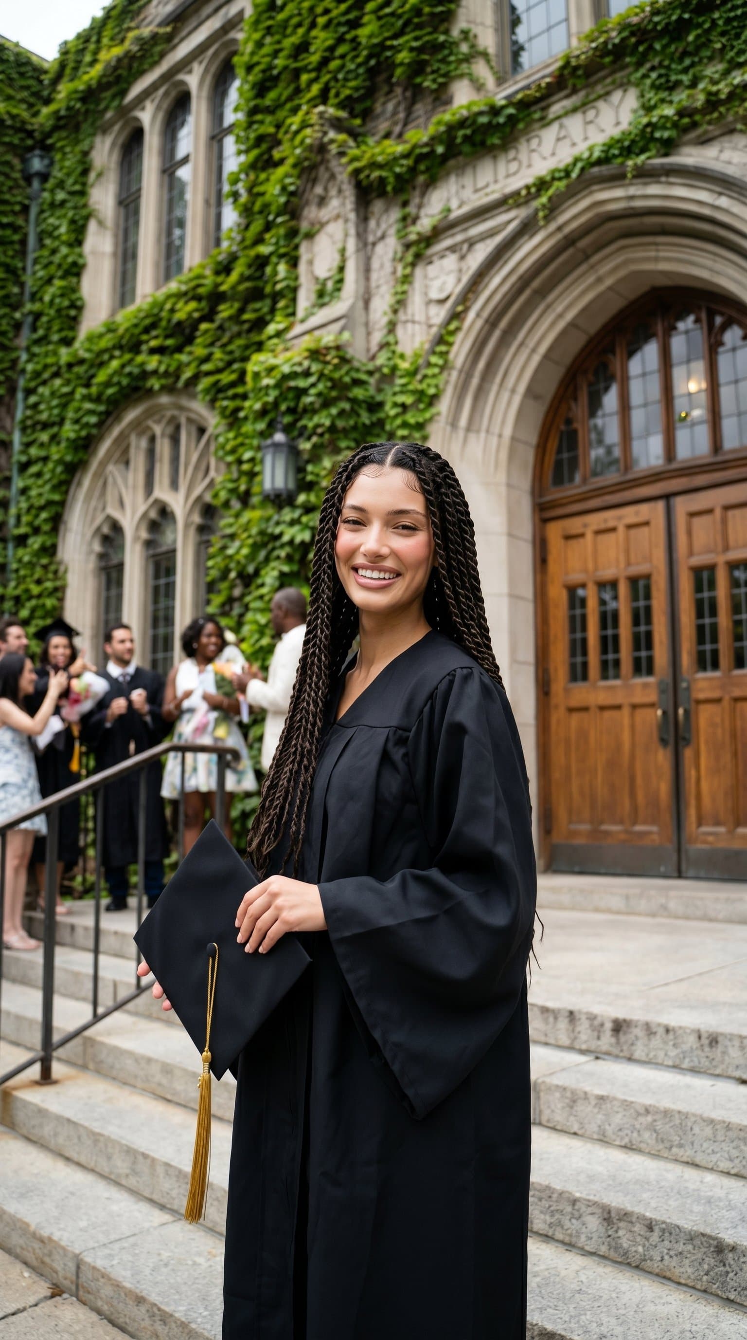 A woman in graduation attire, standing in front of an old library, holding their cap in their hand